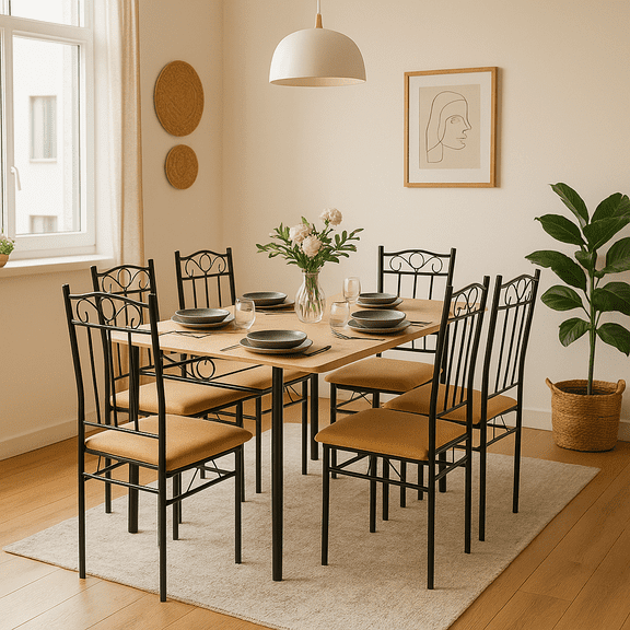 Homy Casa 7-Piece Dining Set, Table and 6 Chairs for Apartment Dining Room, Light Oak