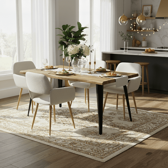 Homy Casa 7 Piece Dining Table Set for 6, Upholstered Armchairs with Wood Legs and Rustic Dining Table