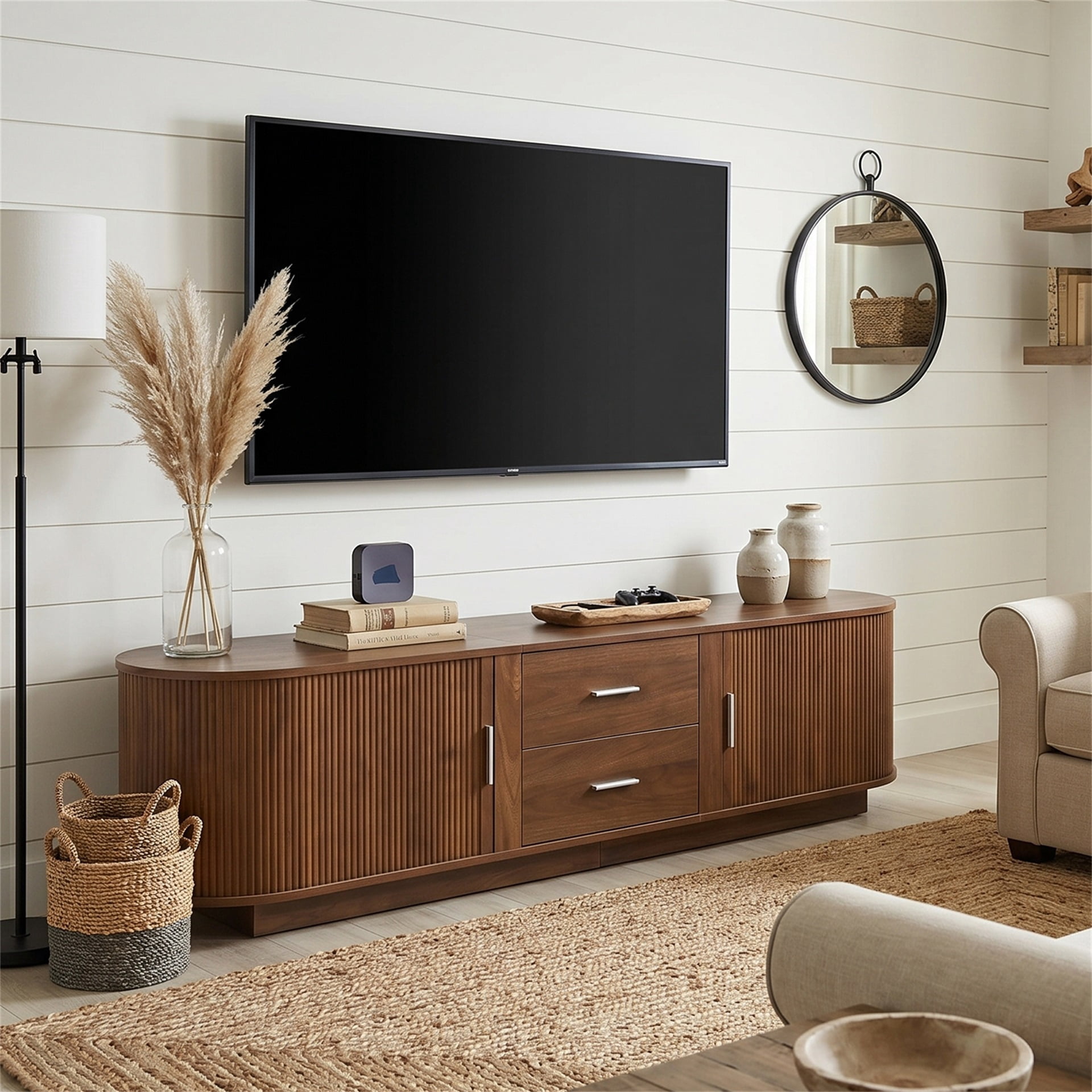 Homy Casa 70.8" TV Stand, Fluted Media Console with Drawers, Walnut Brown