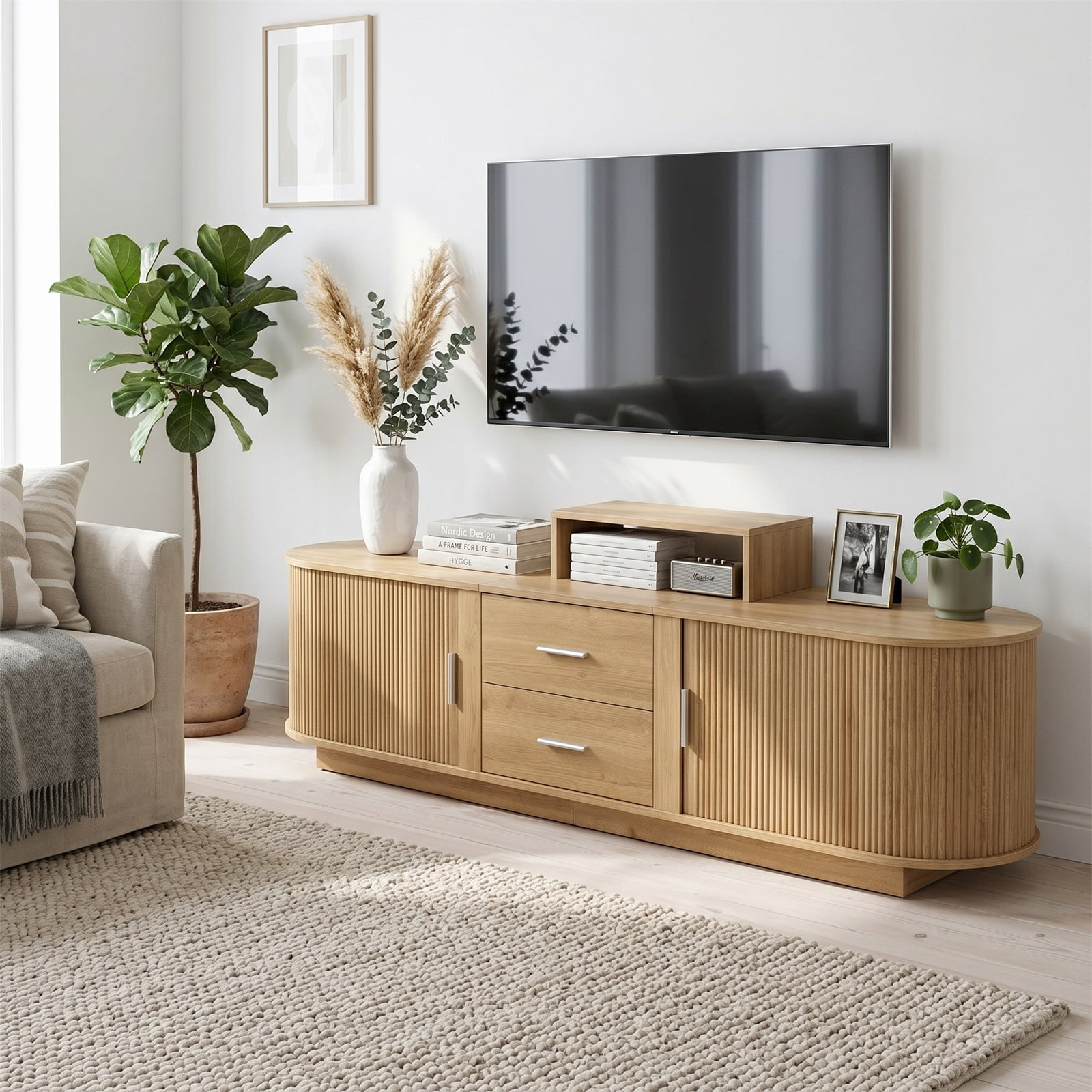 Homy Casa 70.8" TV Stand, Fluted Media Console with Drawers and Cabinets, Natural