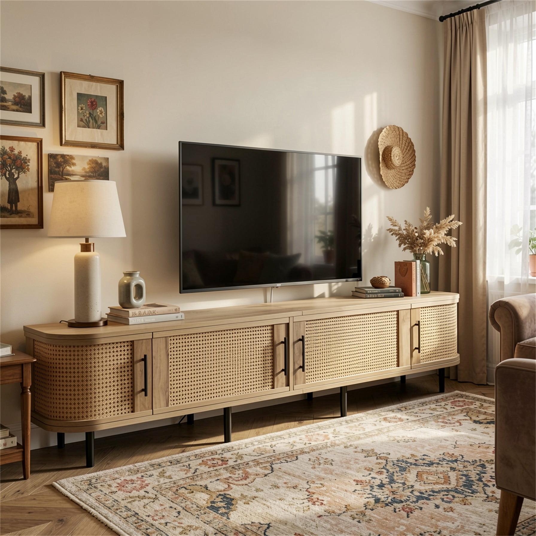 Homy Casa 70.8" TV Stand, Rattan Door Media Console with Storage, Natural Wood