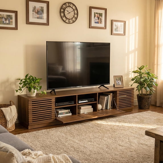 Homy Casa 70.8" TV Stand with Slatted Doors and Storage Cabinets, Modern Wood Media Console