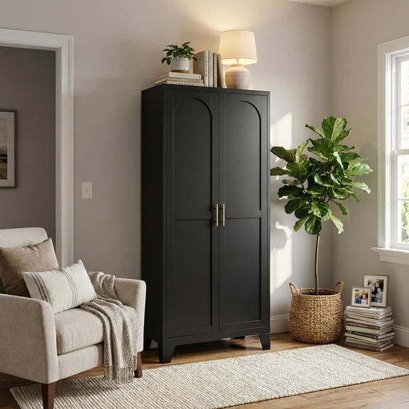 Homy Casa 70.8" Black Tall Storage Cabinet with 4 Adjustable Shelves for Kitchen, Pantry Cupboard