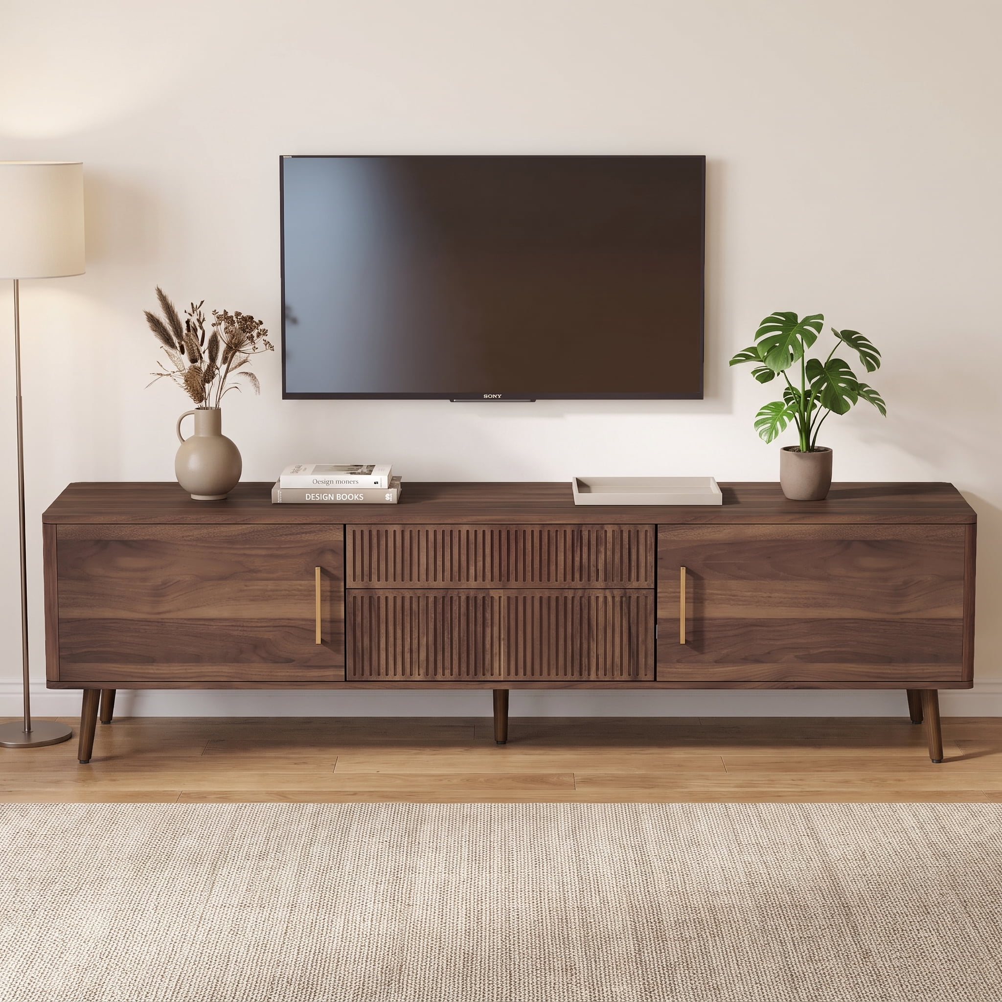Homy Casa 70.8" Walnut TV Stand for TVs up to 75" with 2 Drawers Cabinets and Cable Management