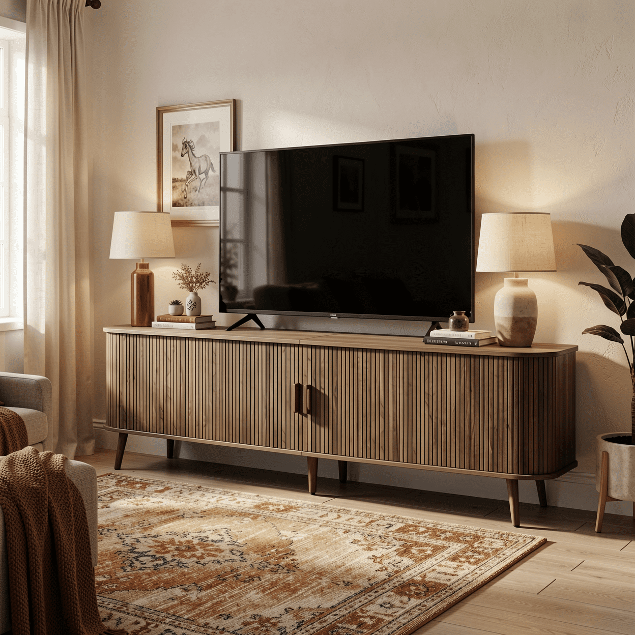 Homy Casa 70.87" TV Stand, Fluted Sliding Door Media Console with Storage, Brown