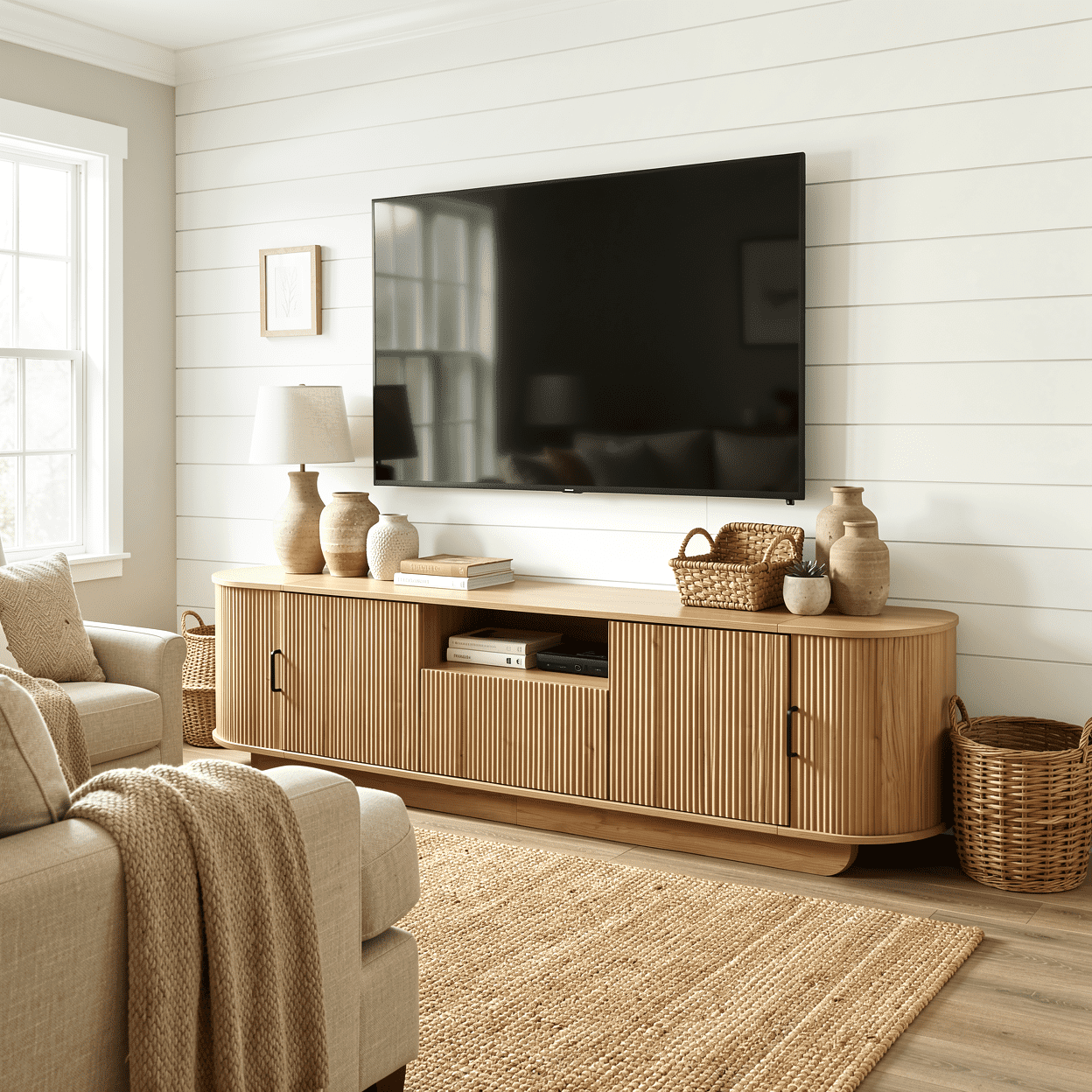 Homy Casa 70.9" TV Stand, Fluted Media Console with Sliding Doors, Natural Wood