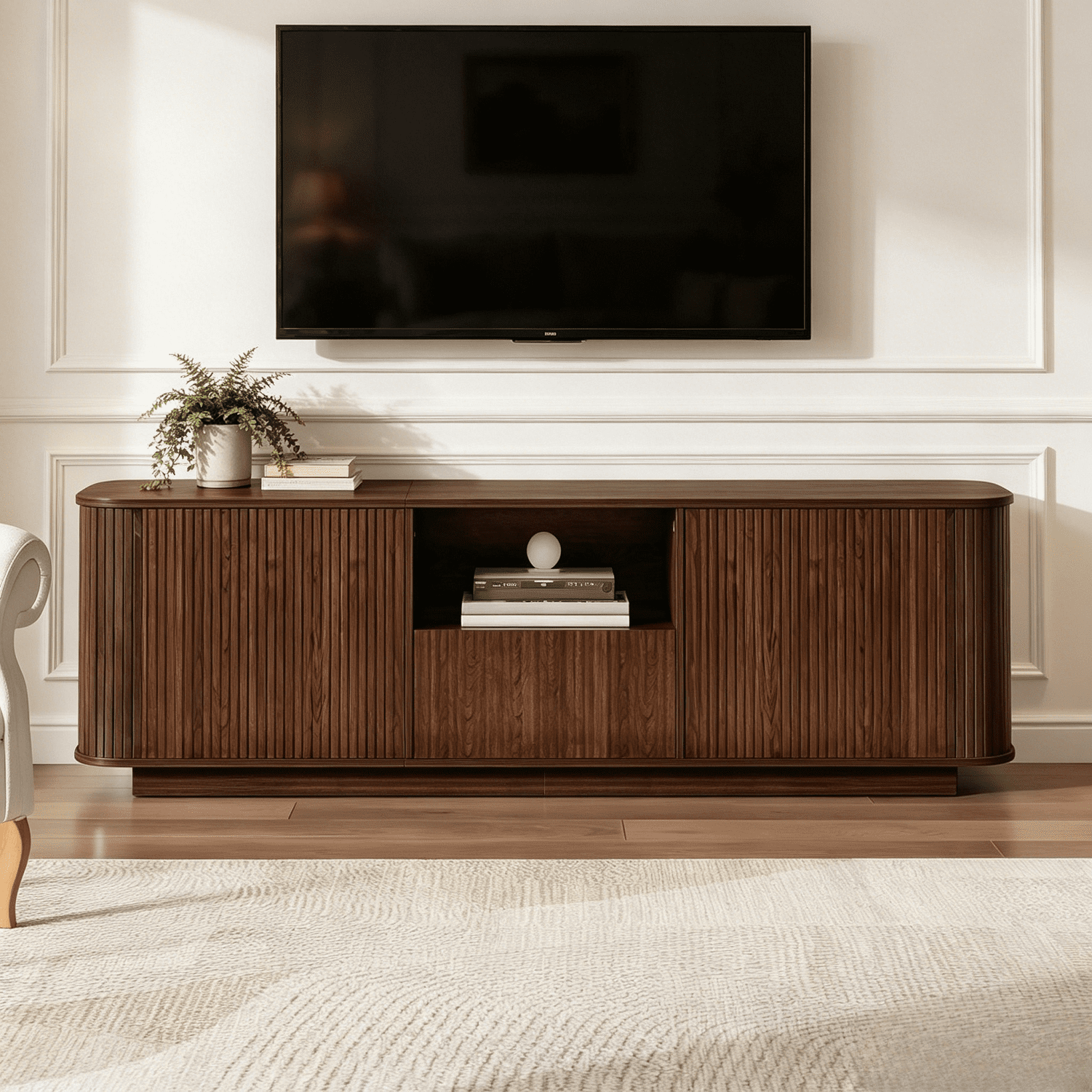Homy Casa 70.9" TV Stand, Fluted Media Console with Storage and Cable Hole, Brown