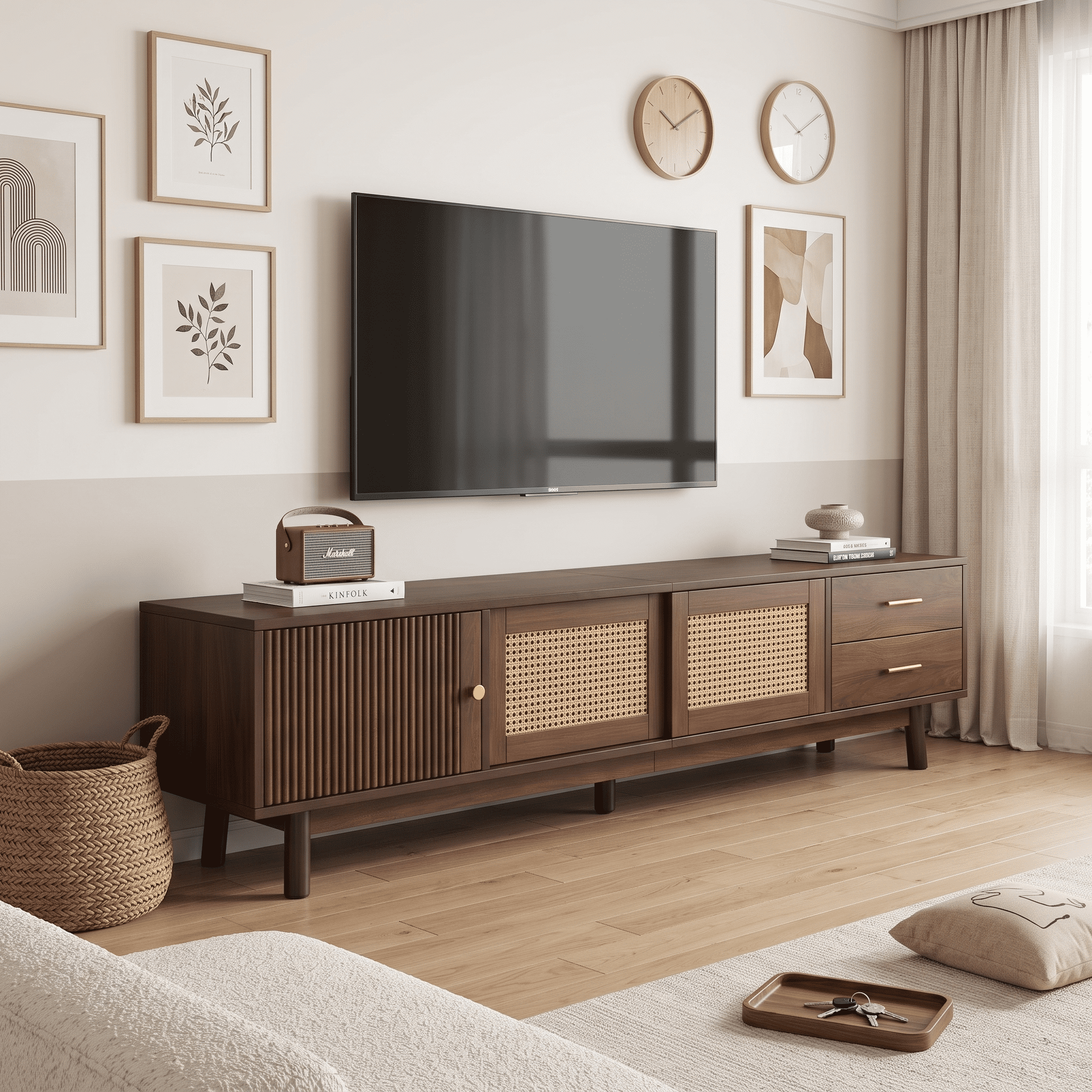 Homy Casa 70.9" Walnut TV Stand for 75" TVs with Rattan Doors, 2 Drawers and Cable Management