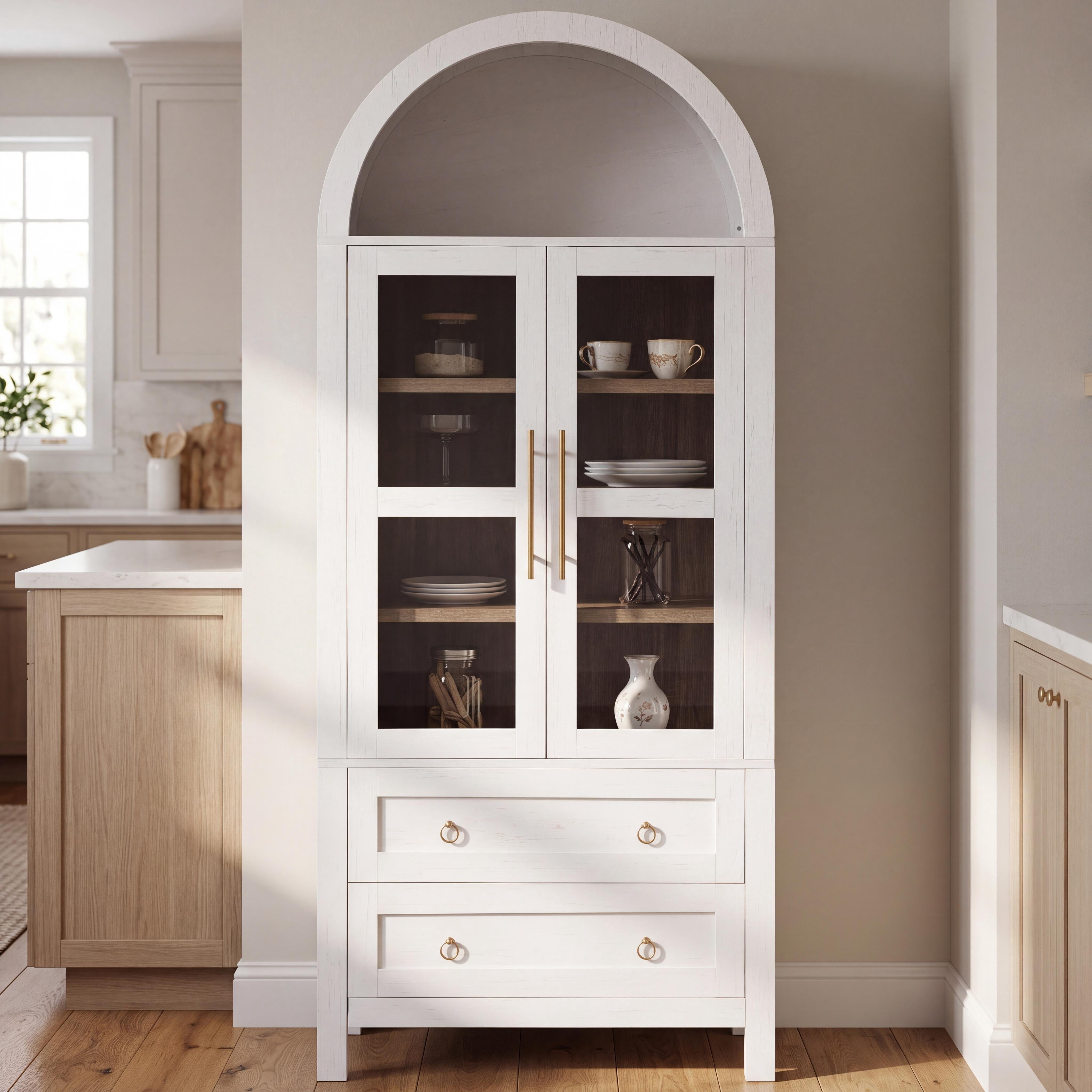Homy Casa 71" Tall Arched Kitchen Pantry Storage Cabinet with Glass Doors 2 Drawers Adjustable Shelves White