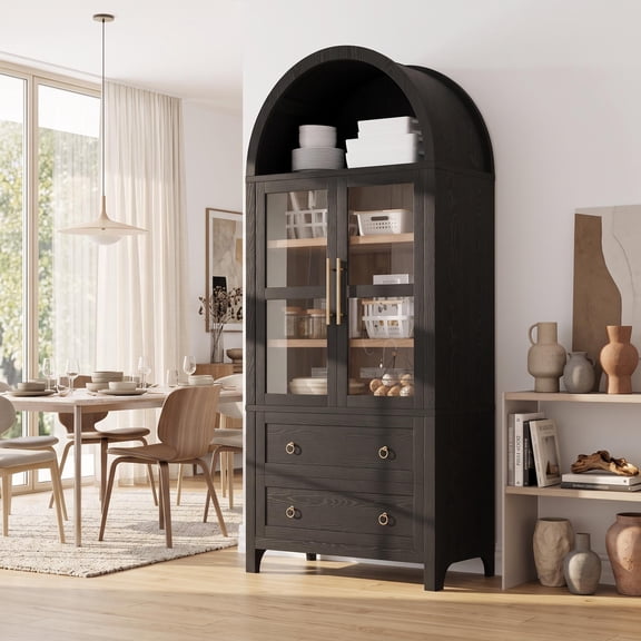 Homy Casa 71" Arched Storage Cabinet with Glass Doors, Drawers for Kitchen, Entryway, Coffee Bar