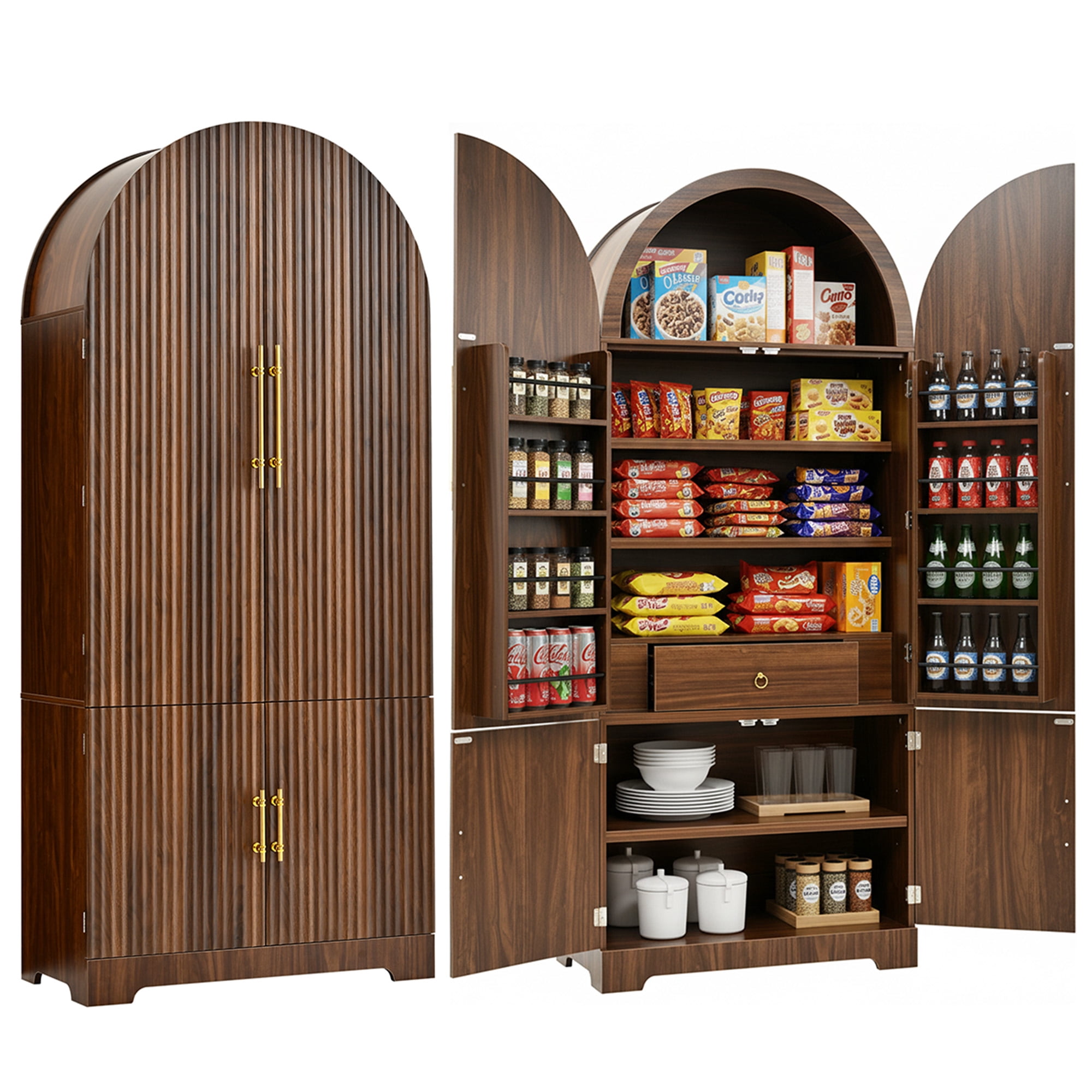 Homy Casa 72" Arched Kitchen Pantry Cabinet with 8 Door Shelves and Hidden Drawer, Walnut