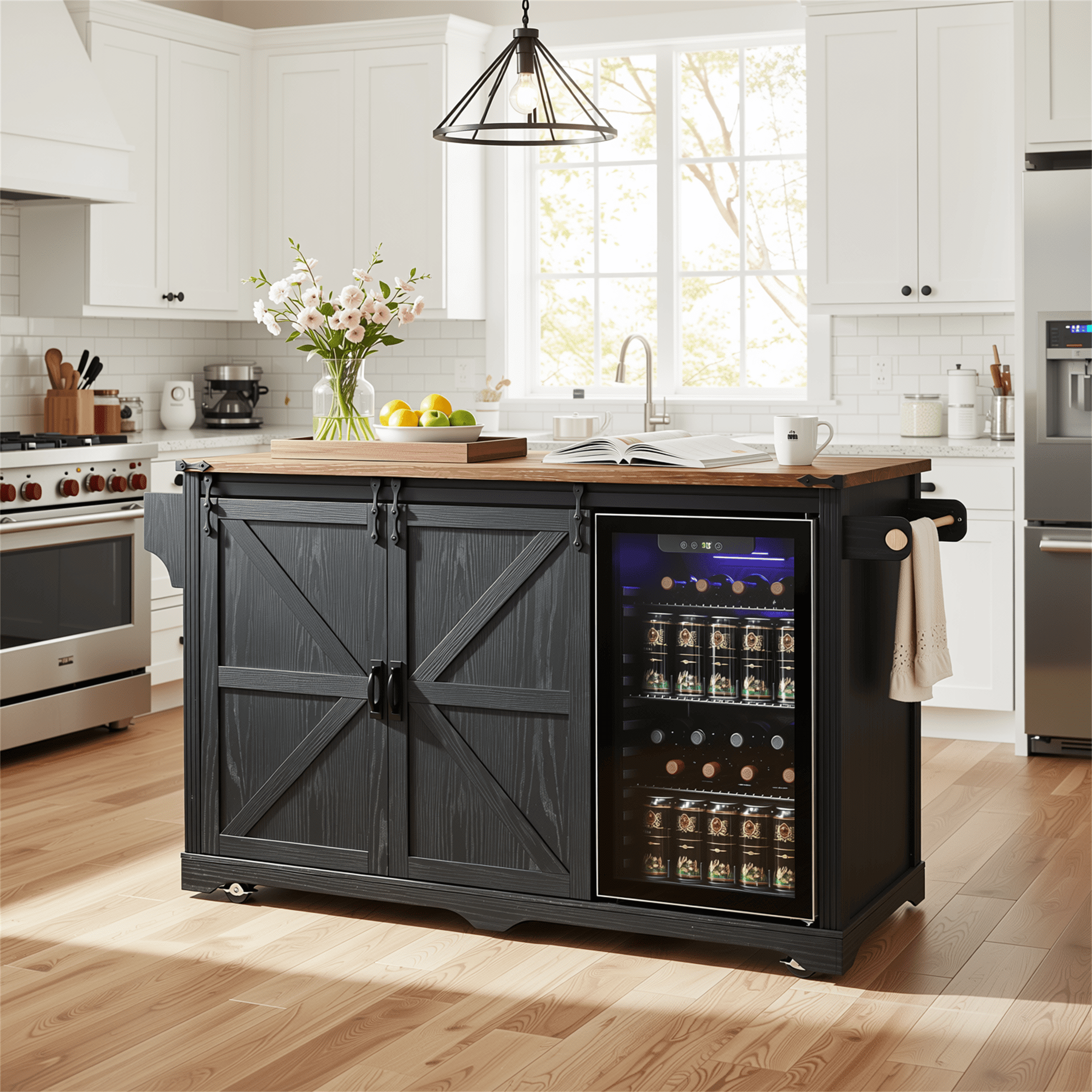 Homy Casa 72" Farmhouse Kitchen Island with Drop Leaf, Power Outlet and 2 Mini Fridge Bays, Black