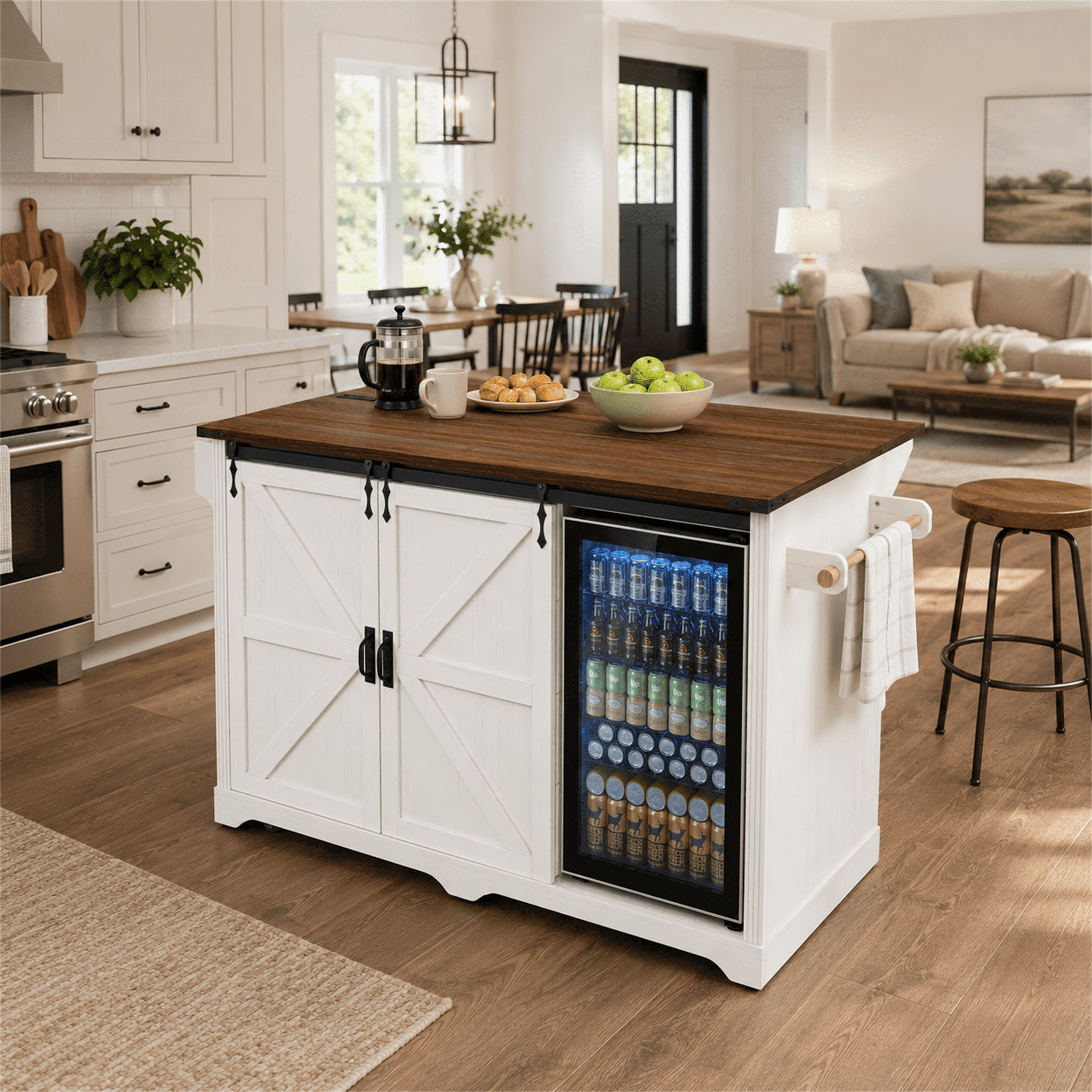 Homy Casa 72" Rolling Kitchen Island with Drop Leaf, Charging Station and Dual Fridge Bays, White