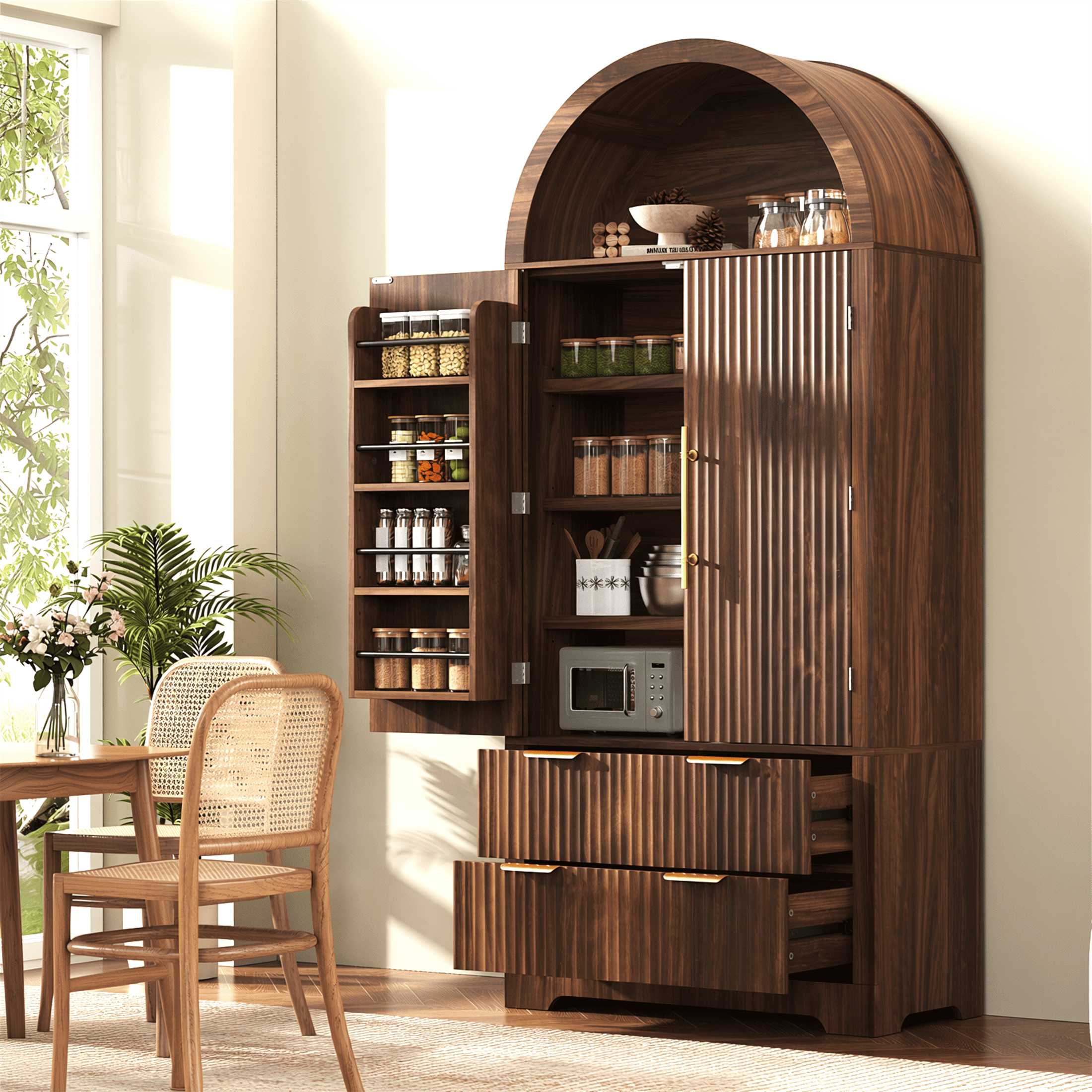 Homy Casa 72" Tall Arched Pantry Cabinet with Fluted Doors, Adjustable Shelves and 2 Drawers, Walnut