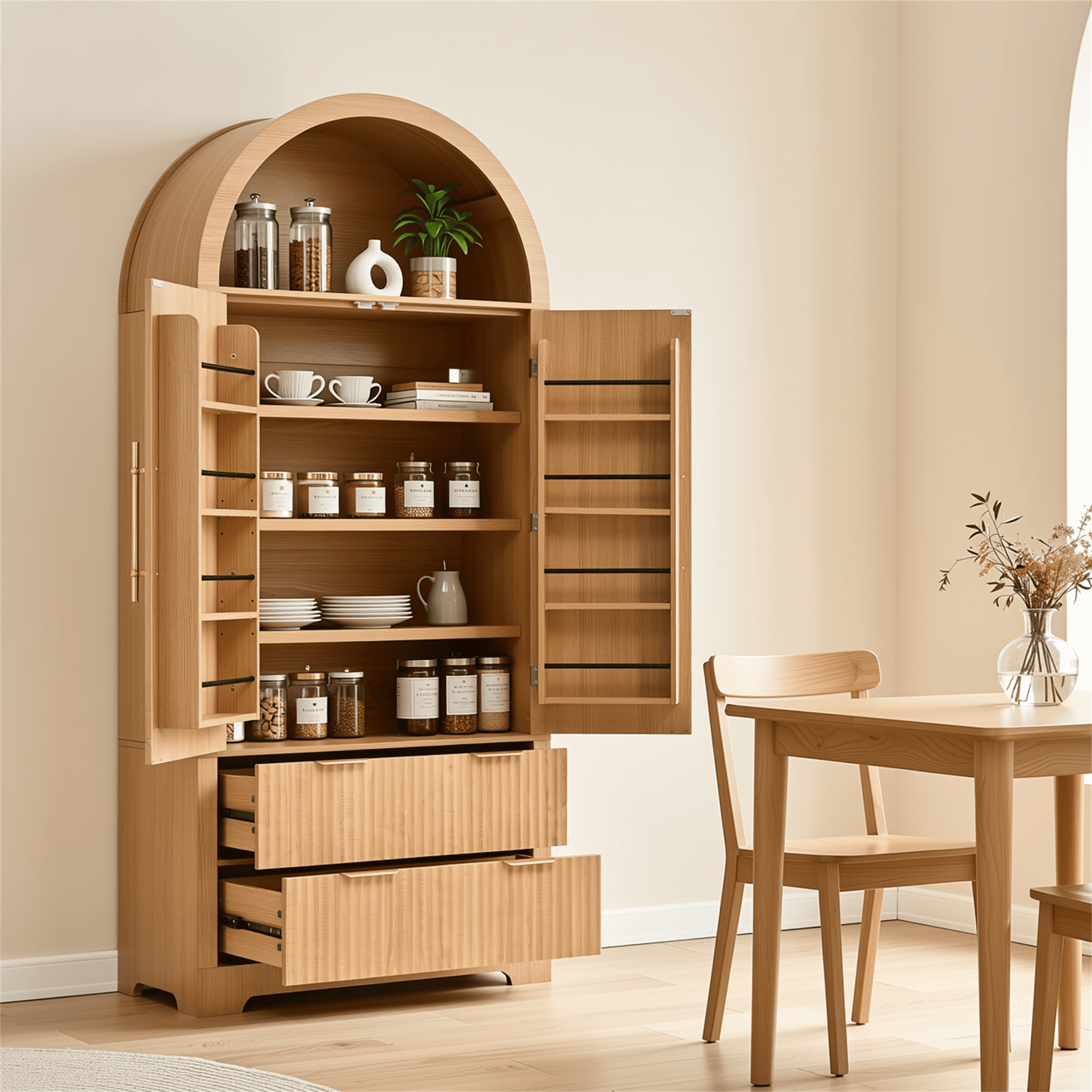 Homy Casa 72" Tall Kitchen Pantry Cabinet with Fluted Doors, 8 Door Racks and 2 Drawers, Natural