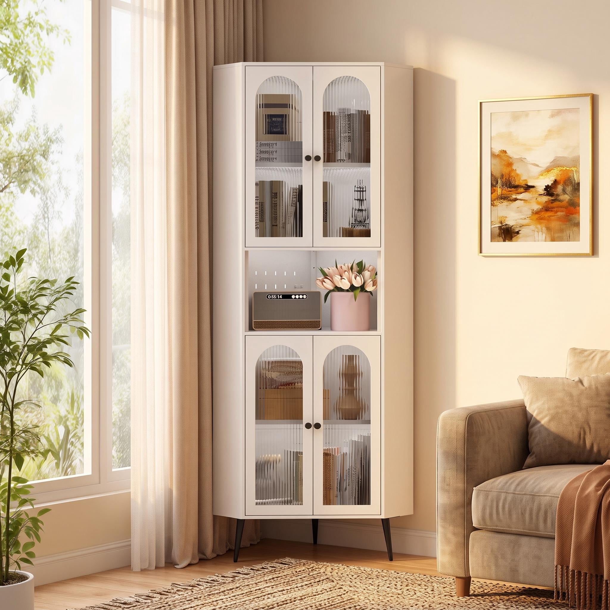 Homy Casa 73" Corner Cabinet with Glass Doors, Tall Storage Cabinet for Living Room, White