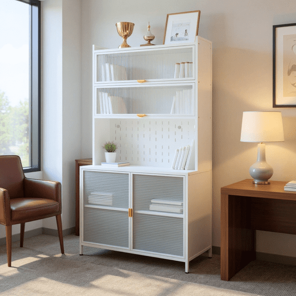 Homy Casa 73" File Cabinet with Glass Doors, Storage Hutch for Office Workspace Organization, White