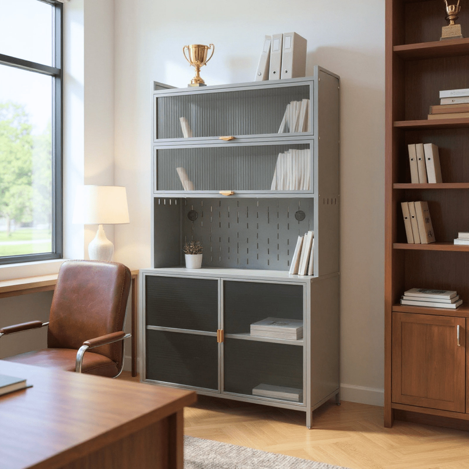 Homy Casa 73" File Cabinet with Glass Doors, for Office Storage and Study Room Organization, Grey