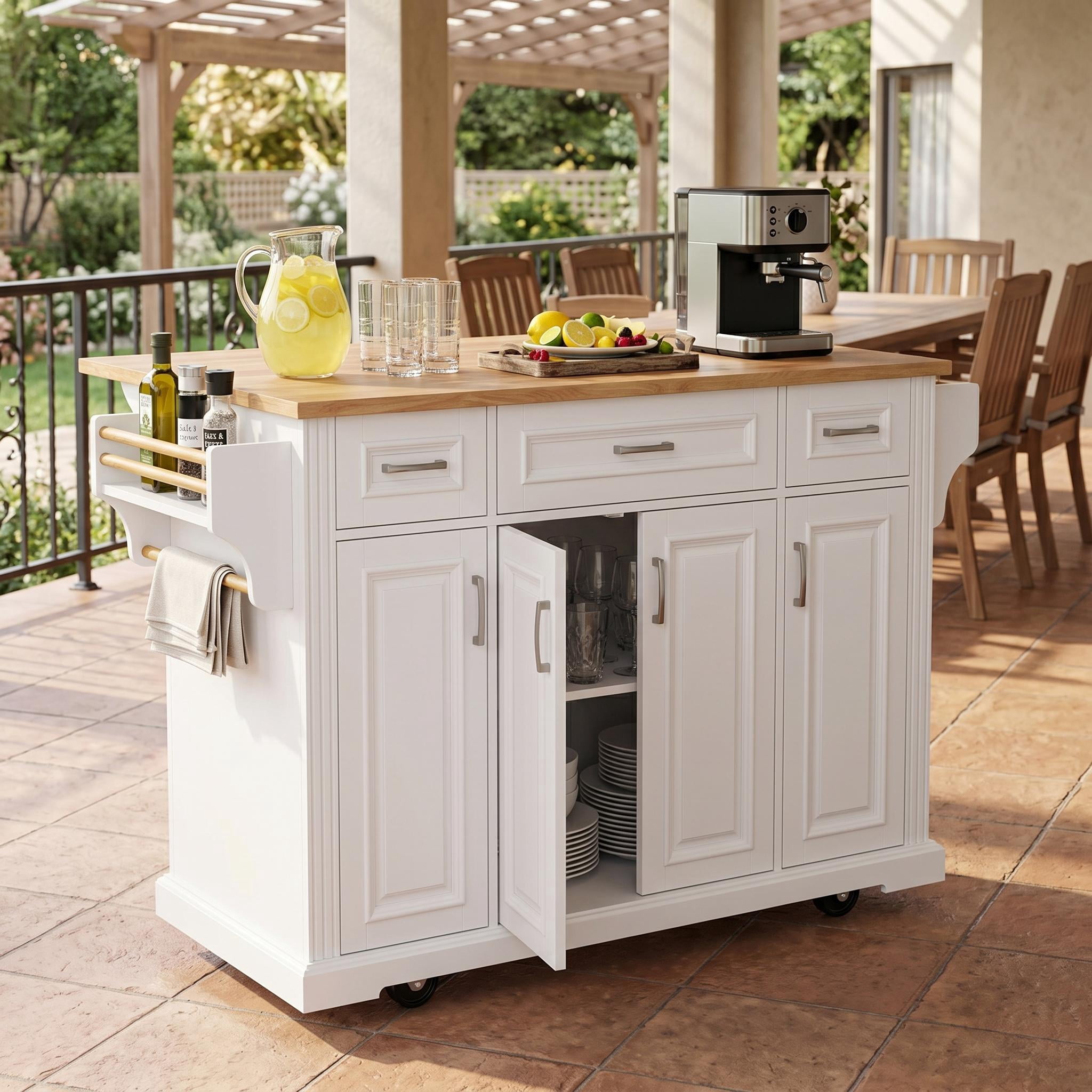 Homy Casa Farmhouse Kitchen Island Cart with Storage, 3 Drawers, 4 Doors & Wheels, White/Natural for Kitchen and Dining Room
