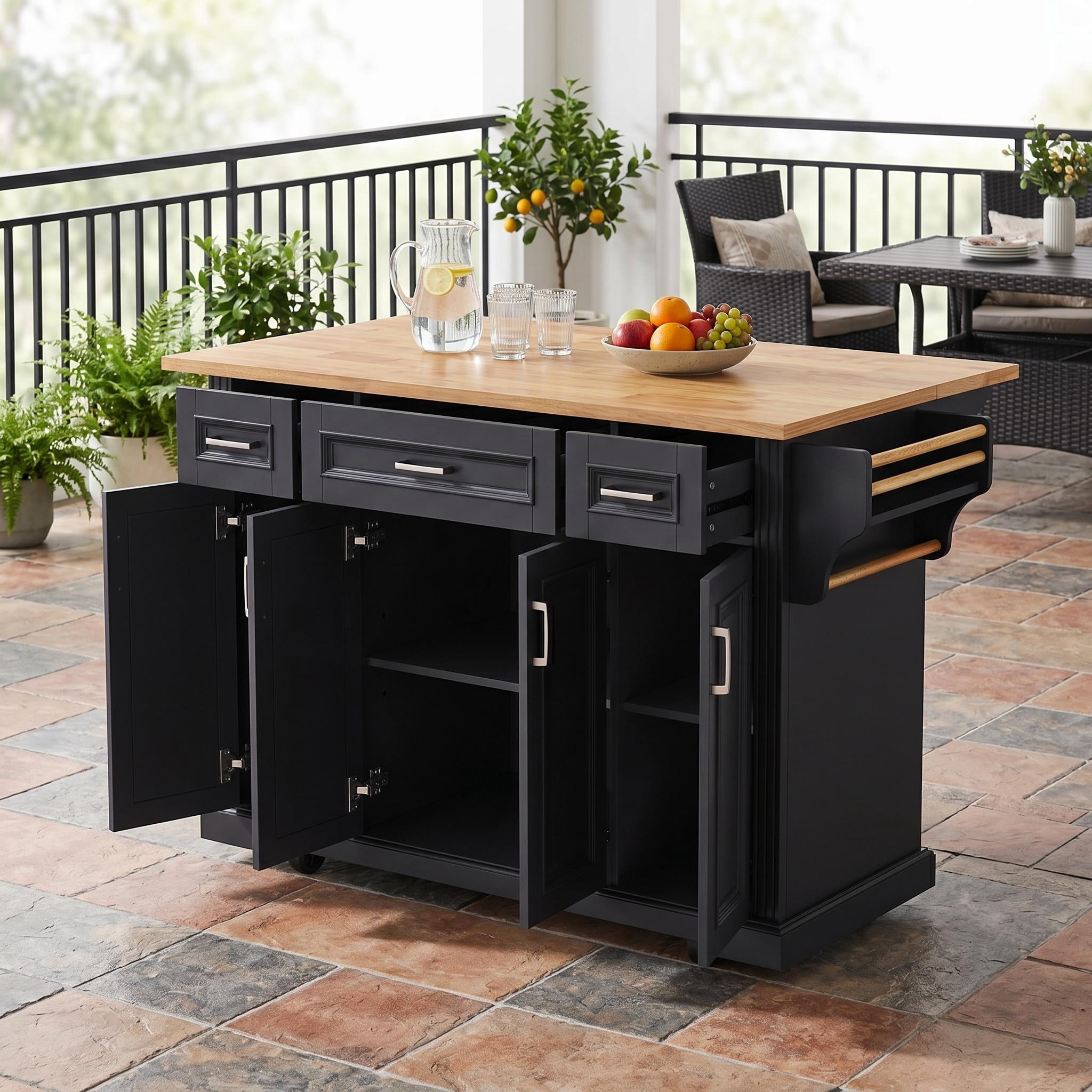 Homy Casa Rolling Kitchen Island Cart with 3 Drawers, 4-Door Storage Cabinet, Side Rack & Wheels, Black/Natural, for Kitchen, Dining Room, Coffee Bar