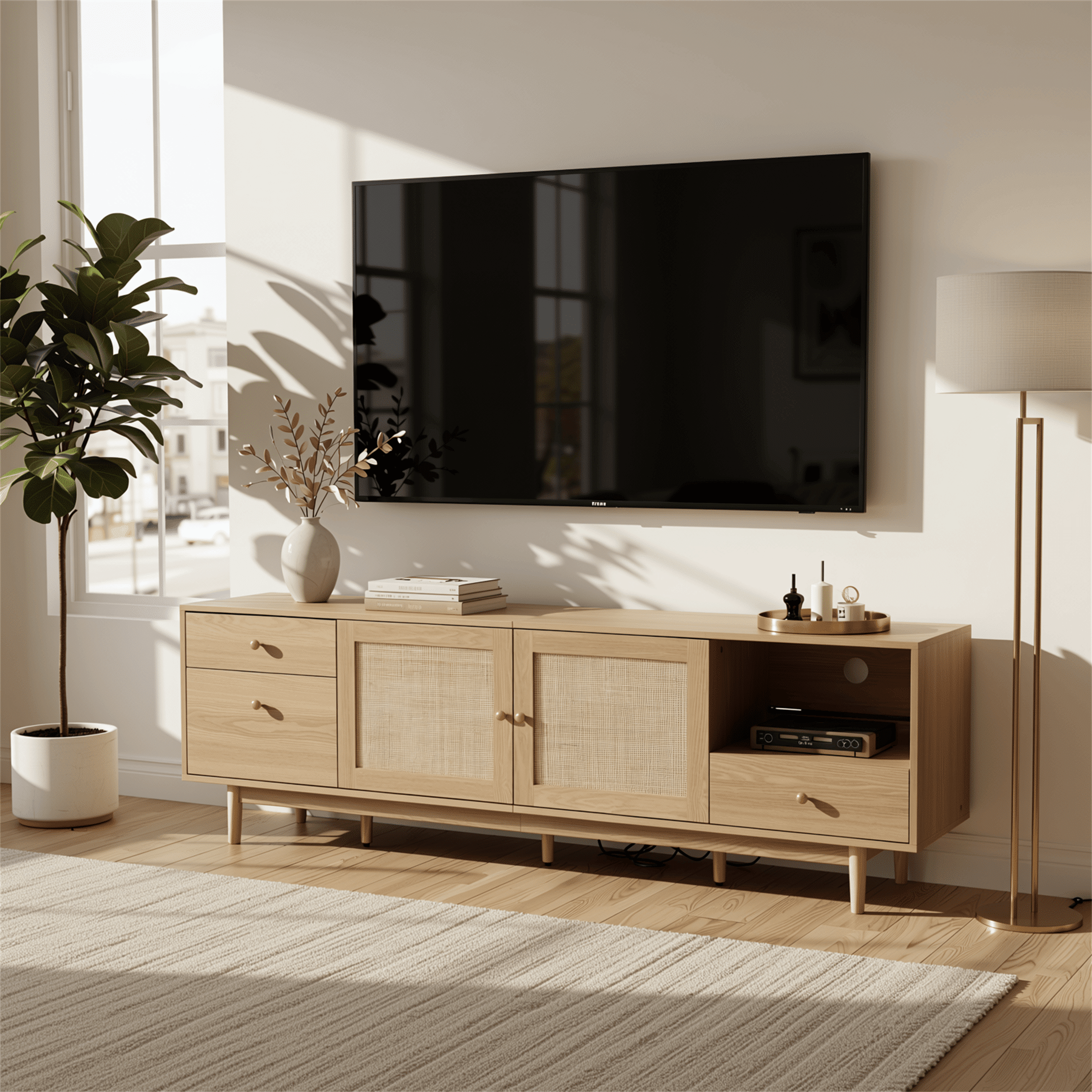 Homy Casa 76.6" Natural TV Stand for 80-inch TVs with Rattan-Style Doors, 3 Drawers and Open Shelf