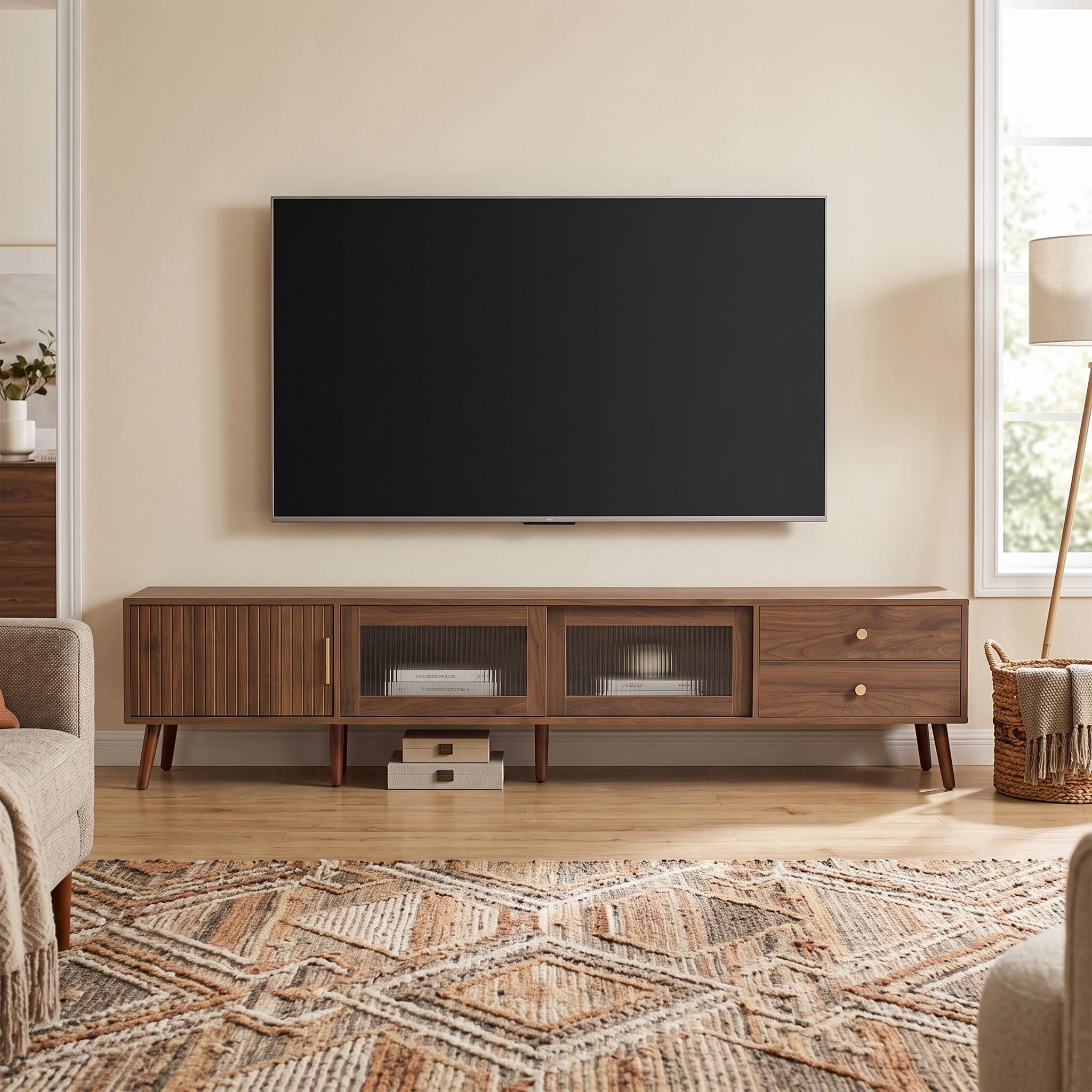 Homy Casa 76.7" Mid-Century Walnut TV Stand for 80" TVs with Sliding Glass Doors and 2 Drawers