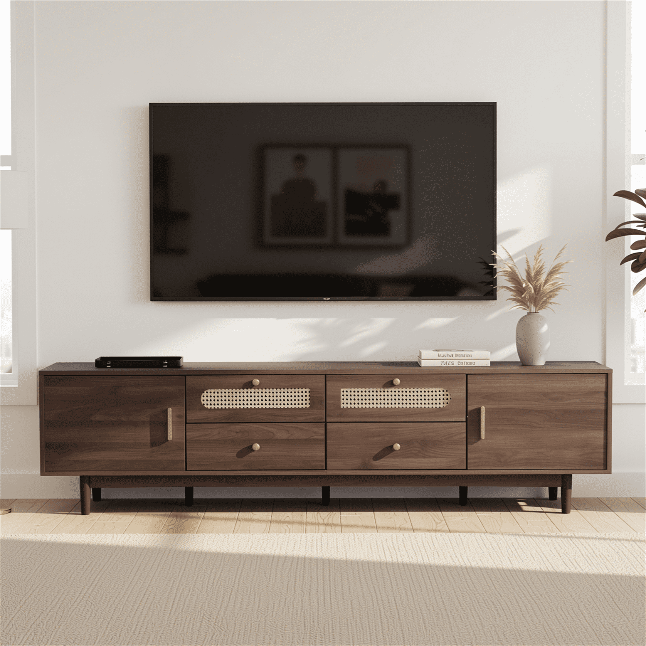 Homy Casa 76.8" Walnut TV Stand for TVs up to 85" with Rattan Doors, 2 Drawers and Side Cabinets