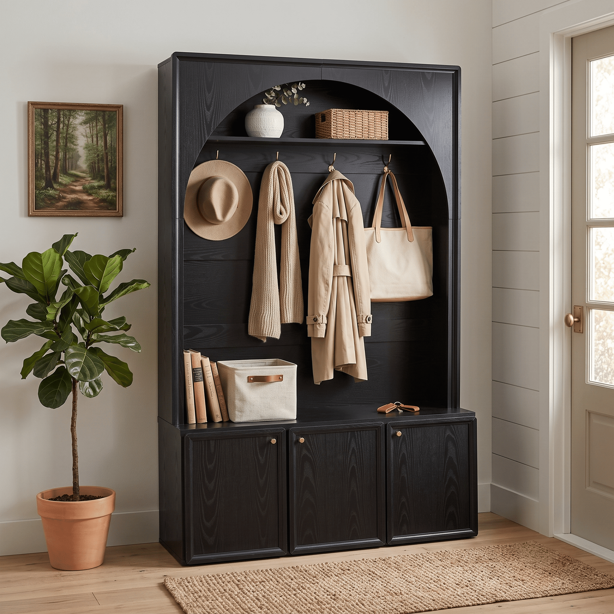 Homy Casa 77.5" Hall Tree Entryway Coat Rack with 3-Door Storage Cabinet, Black