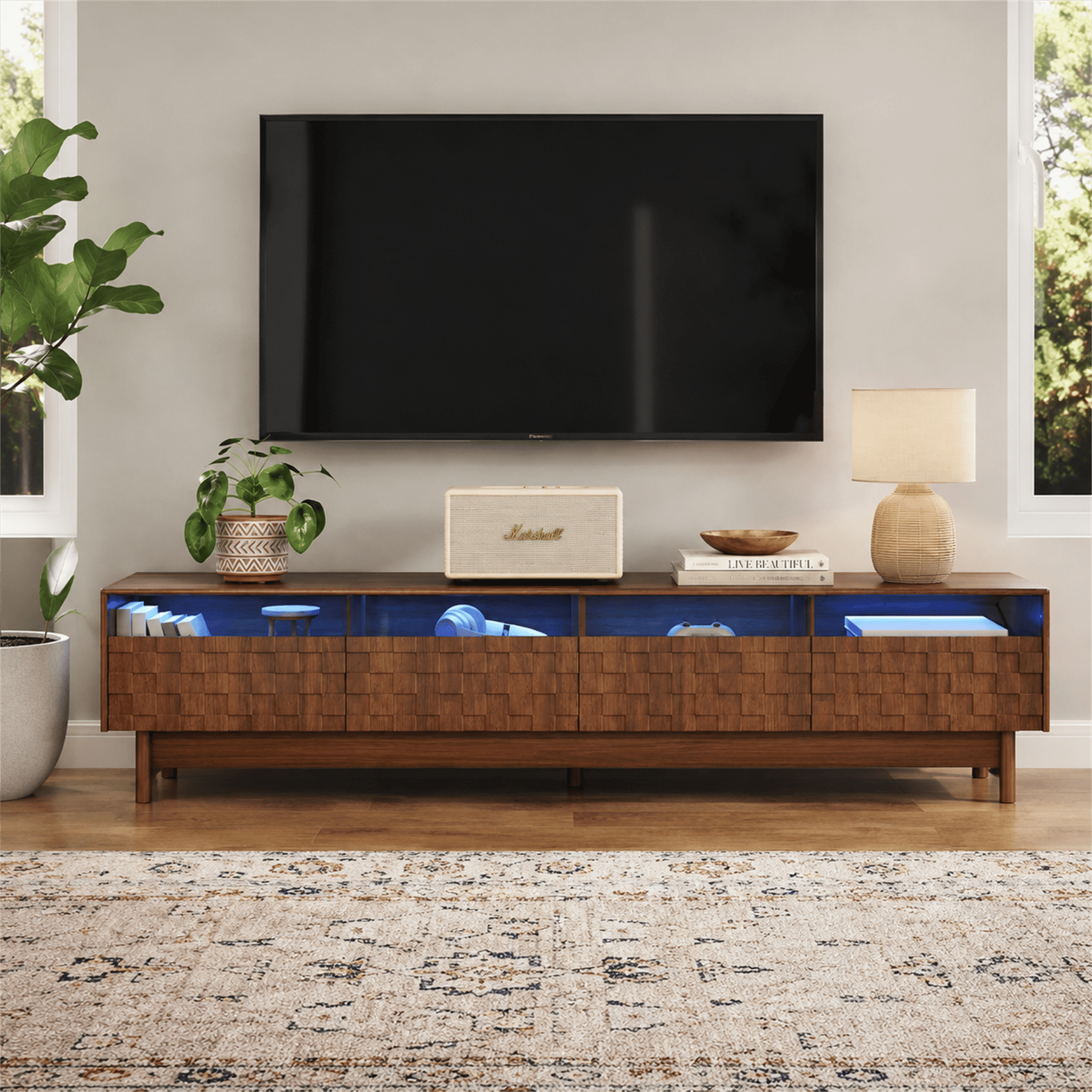 Homy Casa 78.7" Fluted TV Stand for TVs up to 85", Media Console with 4 Glass-Front Drawers, Walnut