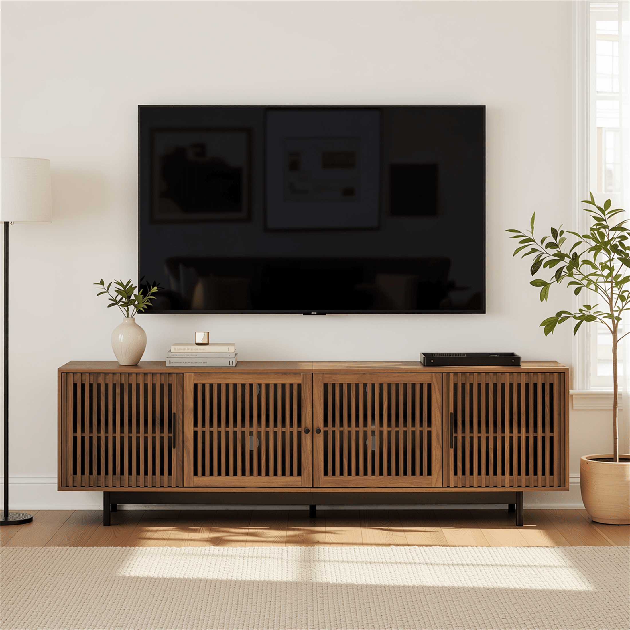 Homy Casa 78.7" Rustic Brown TV Stand for 80" TVs with 4 Slatted Cabinet Doors and Cable Management