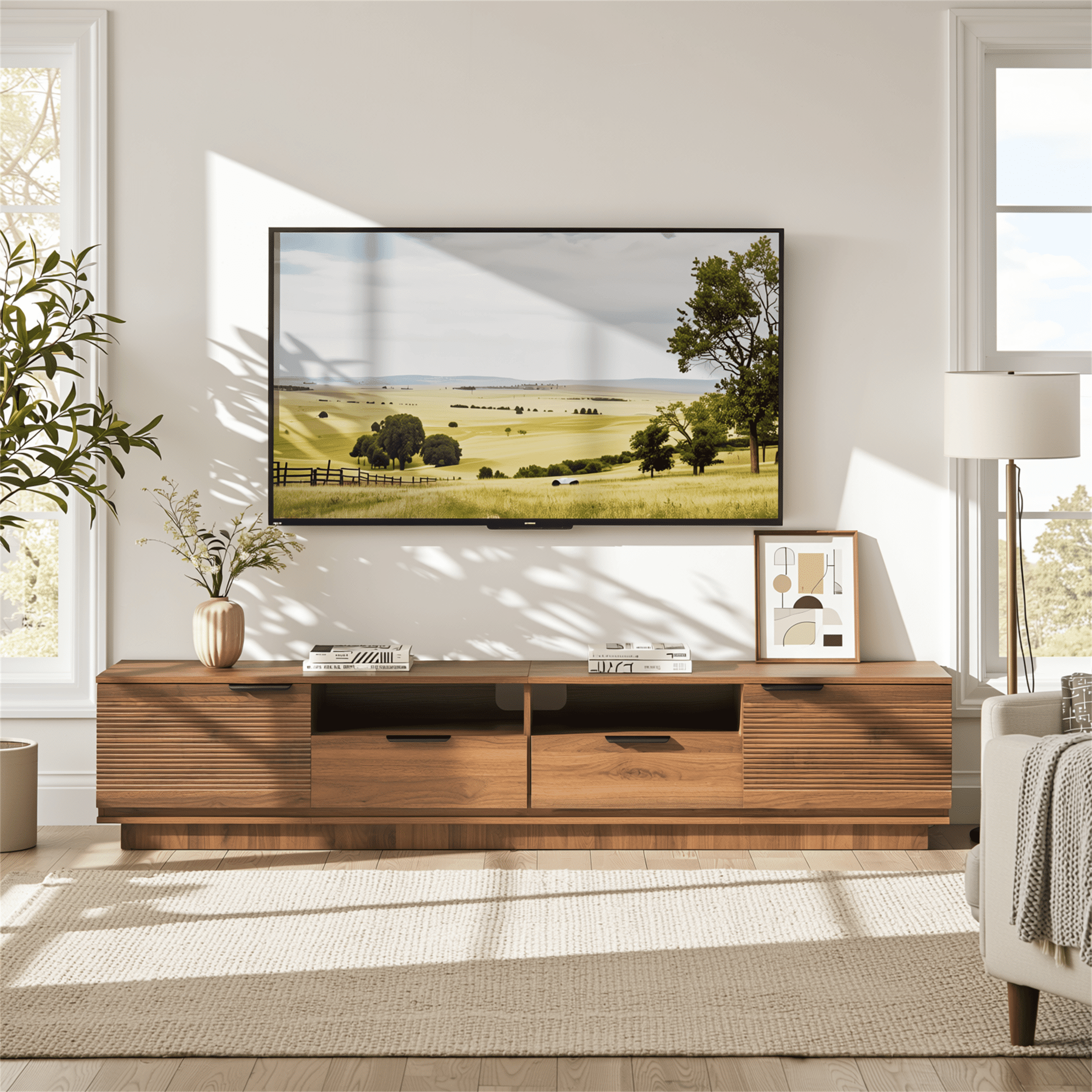 Homy Casa 78.7" Rustic Brown TV Stand for 85" TVs with Fluted Doors, 2 Drawers and Open Shelves