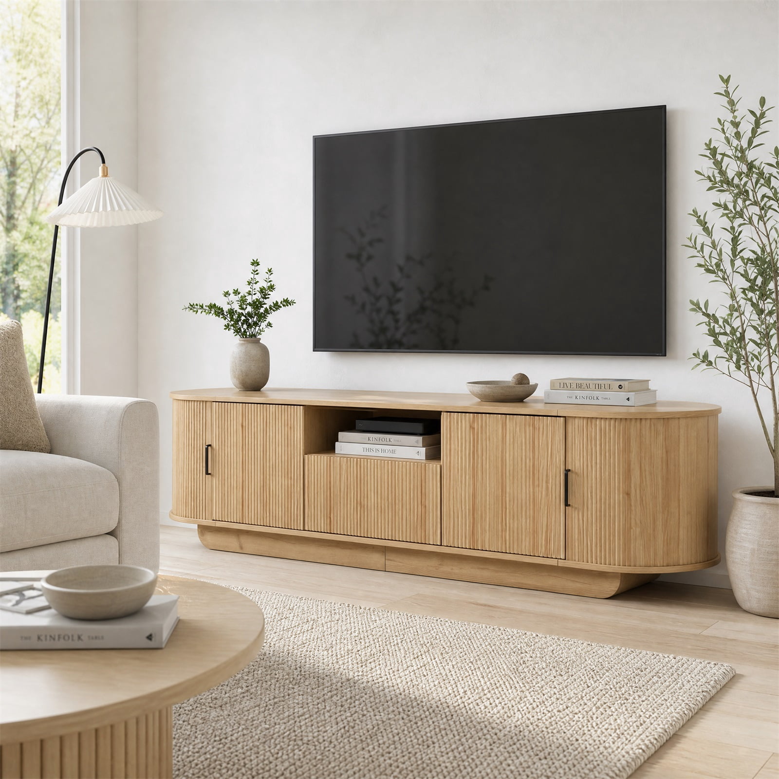 Homy Casa 78.7" TV Stand, Fluted Media Console with Sliding Doors and Storage, Natural