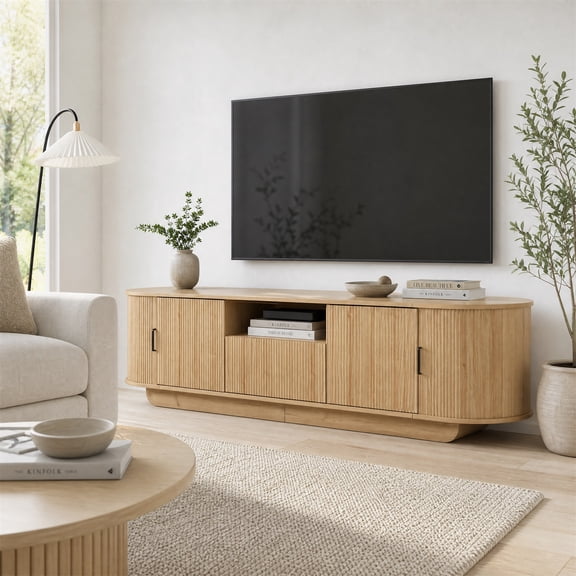 Homy Casa 78.7" TV Stand, Fluted Media Console with Sliding Doors and Storage, Natural