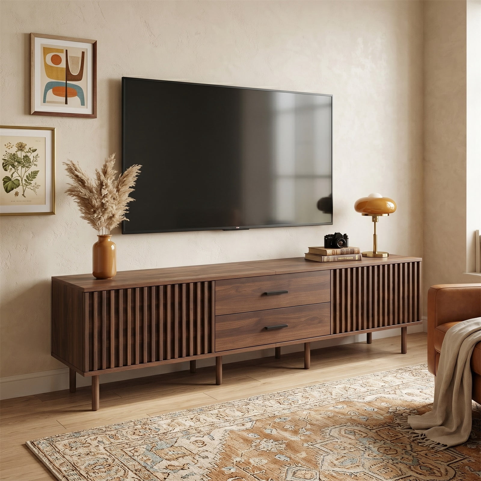 Homy Casa 78.7" TV Stand, Fluted Media Console with Storage and Iron Legs, Natural