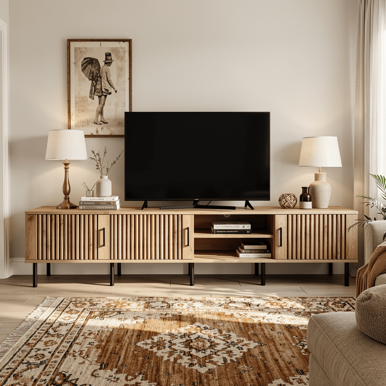 Homy Casa 78.7" TV Stand, Fluted Media Console with Storage and Iron Legs, Natural