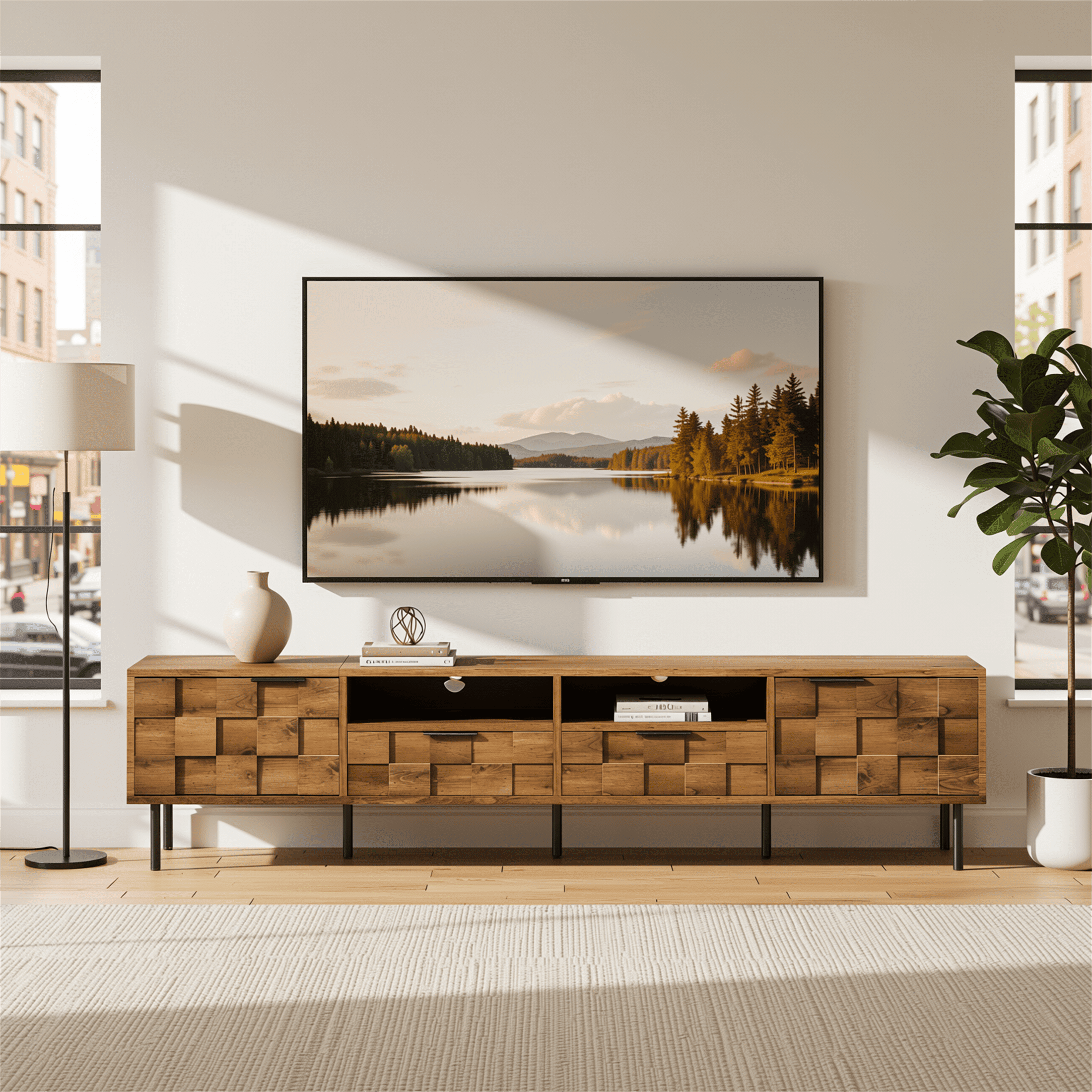 Homy Casa 78.7" Walnut TV Stand for 80" TVs with 3D Geometric Doors, 2 Drawers and Open Shelves