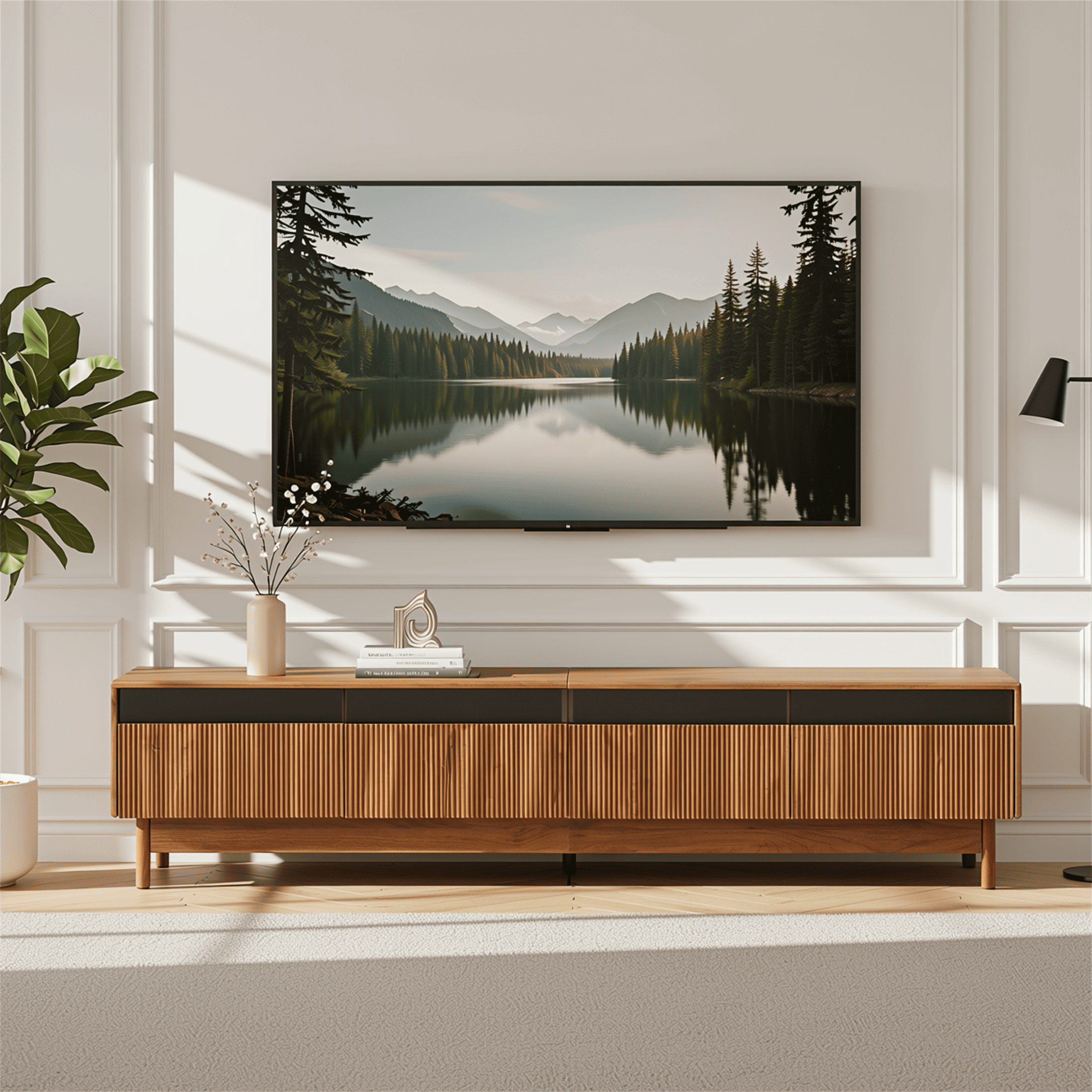 Homy Casa 78.7" Walnut TV Stand for 85" TVs with 4 Fluted Glass-Front Drawers and Cable Management