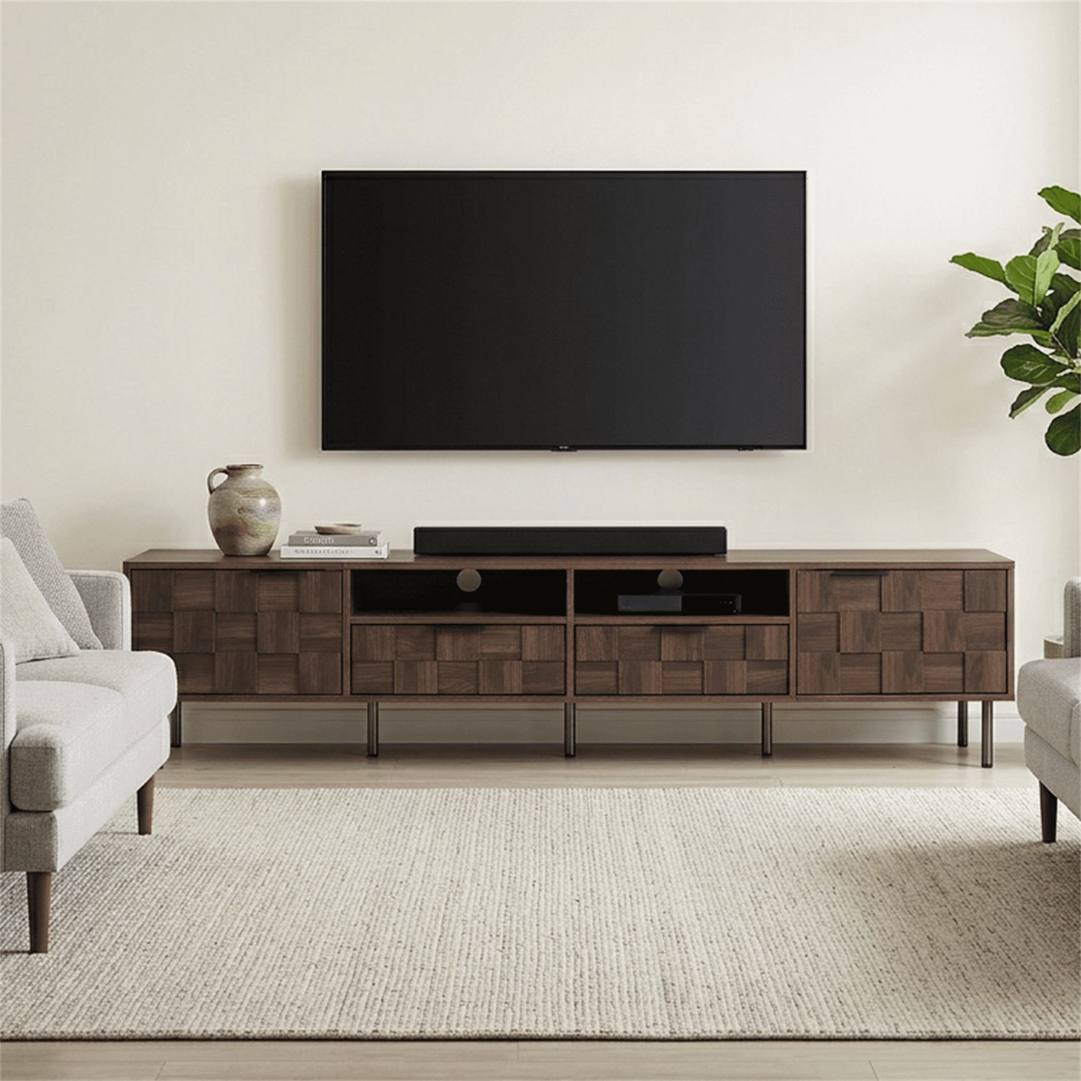 Homy Casa 78.7-inch Walnut Mid Century TV Stand for 80-inch Screens with Geometric Doors and Drawers