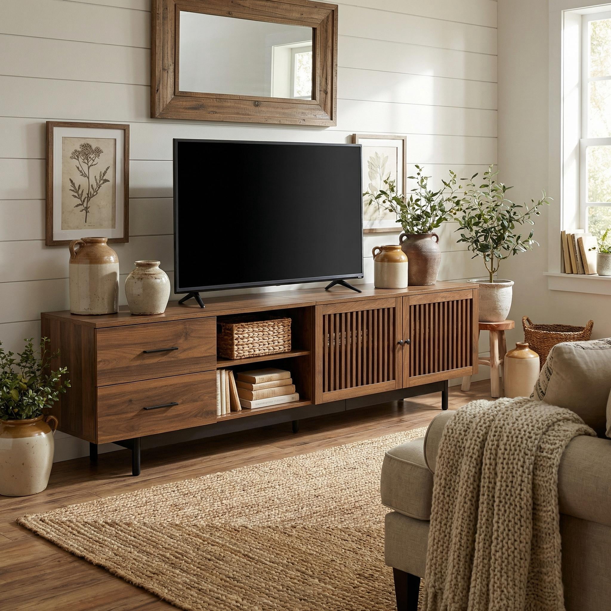 Homy Casa 78" TV Stand for up to 85" TV with Storage Drawers and Slatted Cabinet Doors