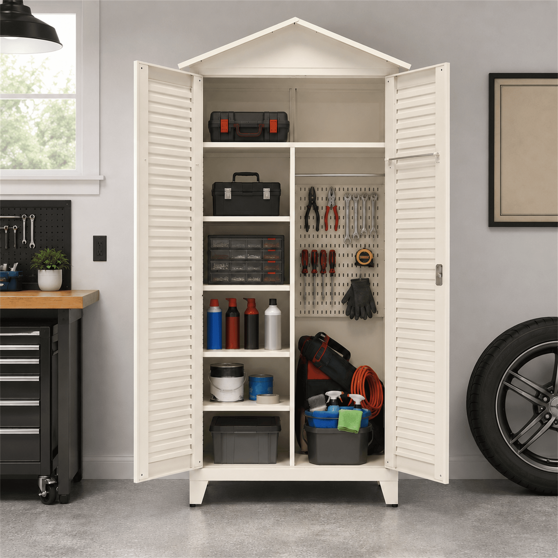 Homy Casa 79" Garage Cabinet, Pegboard, Adjustable Shelves, Locking Louvered Doors, Cream White