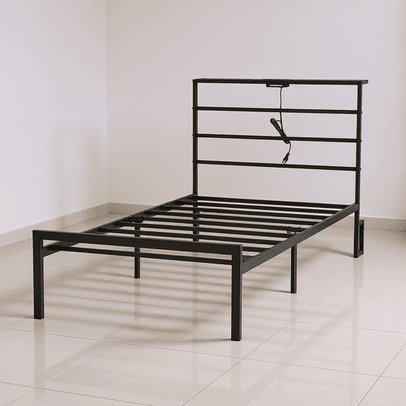 Homy Casa 81IN Twin Metal Bed Frame with Built-in Charging Ports, Heavy Duty, Black
