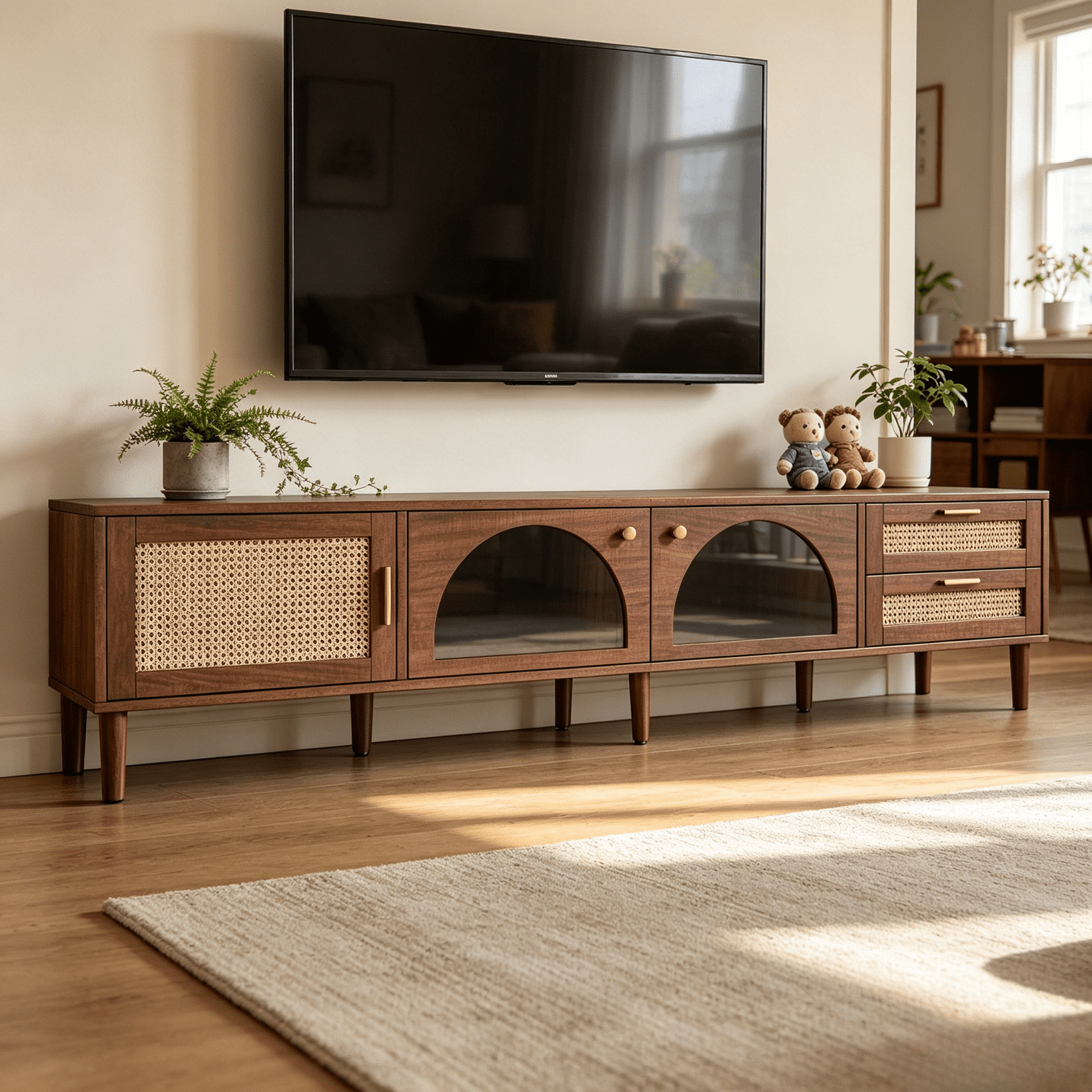 Homy Casa 86.6" TV Stand with LED Lights, Rattan Doors and Drawers, Walnut