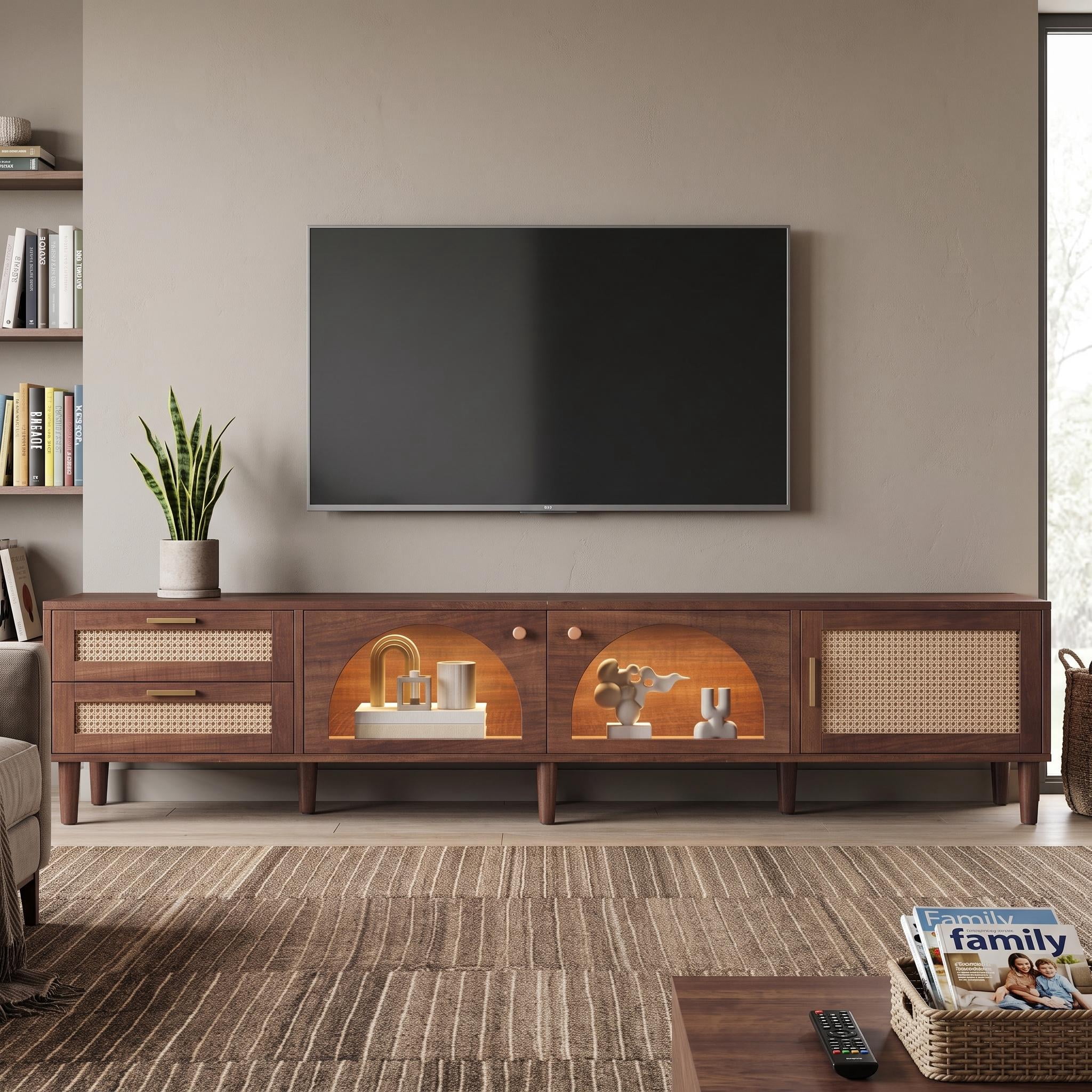 Homy Casa 86.6" Walnut TV Stand for 90" TVs with App LED Lights, 2 Glass Doors and Rattan Cabinet