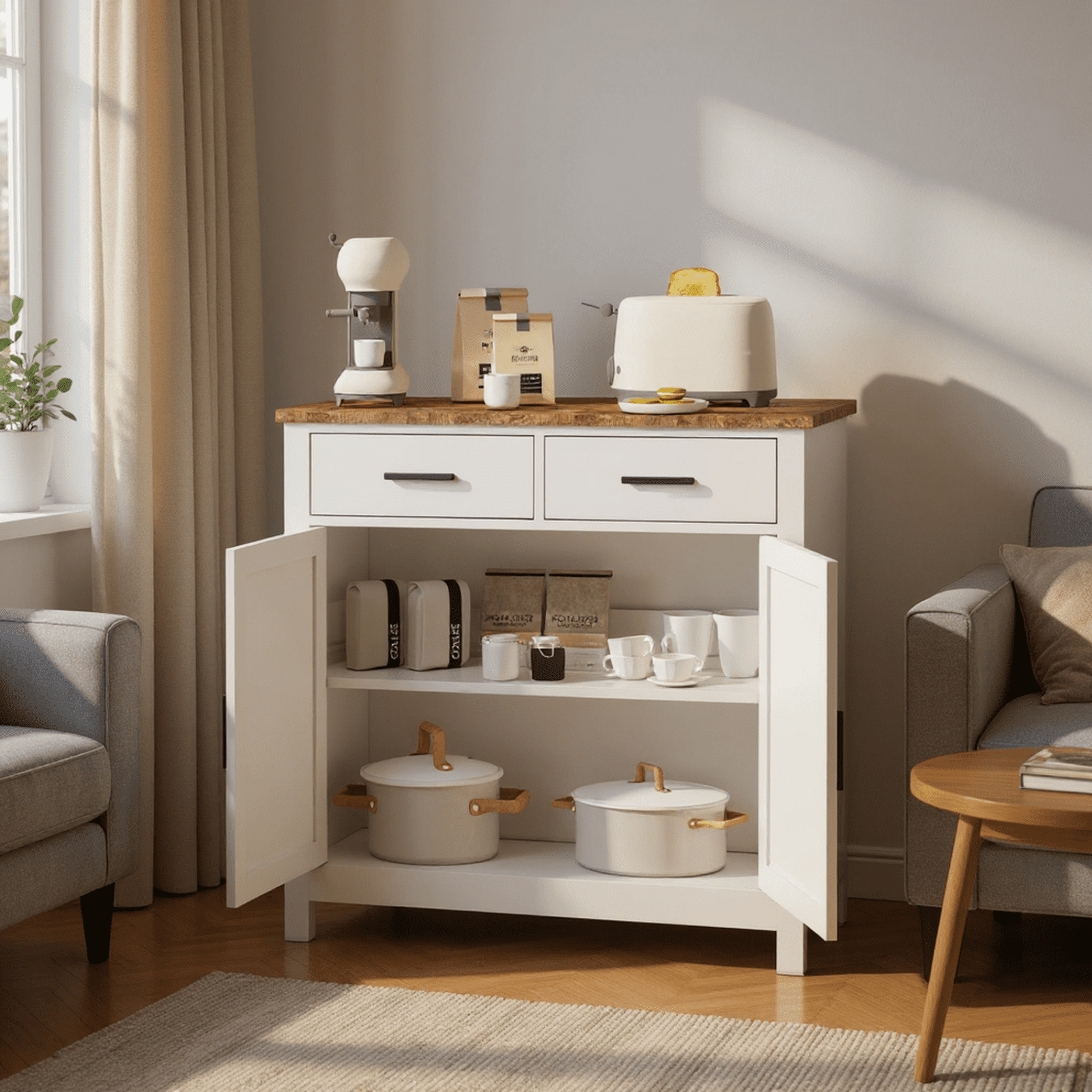 Homy Casa Accent Cabinet with 2 Drawers and 2 Doors, Modern Sideboard Storage Buffet, White