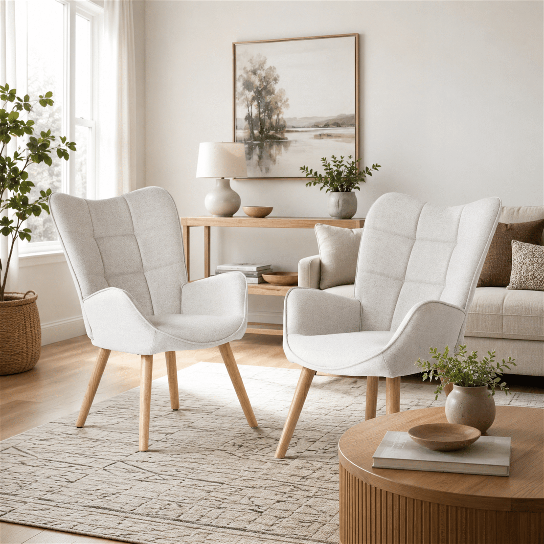 Homy Casa Set of 2 Ivory Fabric High Back Accent Chairs with Armrests for Living Room and Bedroom