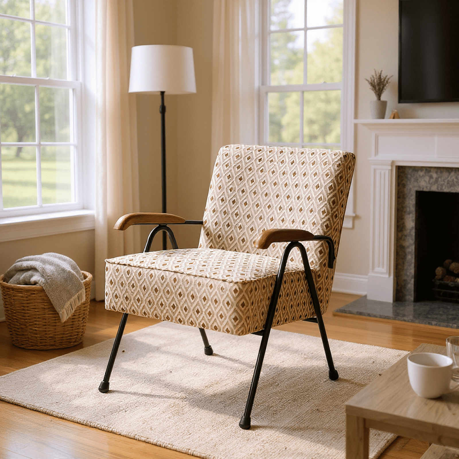 Homy Casa Accent Chair with Metal Legs and Upholstery, Living Room Reading Armchair,Beige Geometric