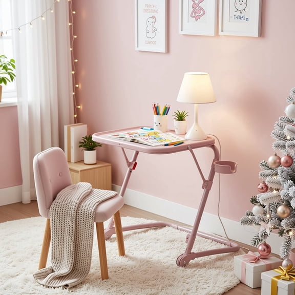 Homy Casa Adjustable Folding Laptop Table with Wheels, Pink Overbed Tray Desk for Bed Sofa