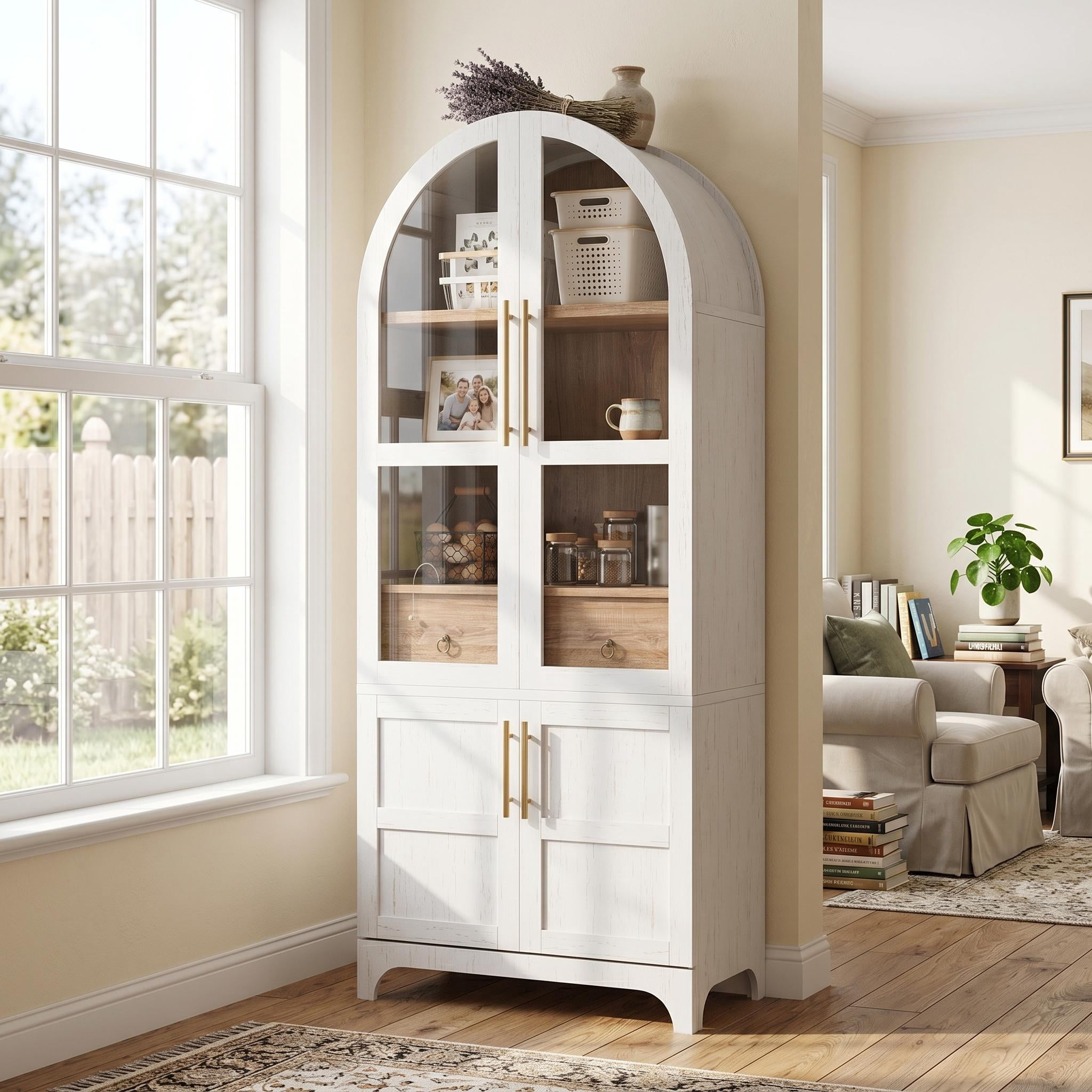Homy Casa Arched Display Cabinet with Glass Doors, Tall Storage Cabinet for Living Room