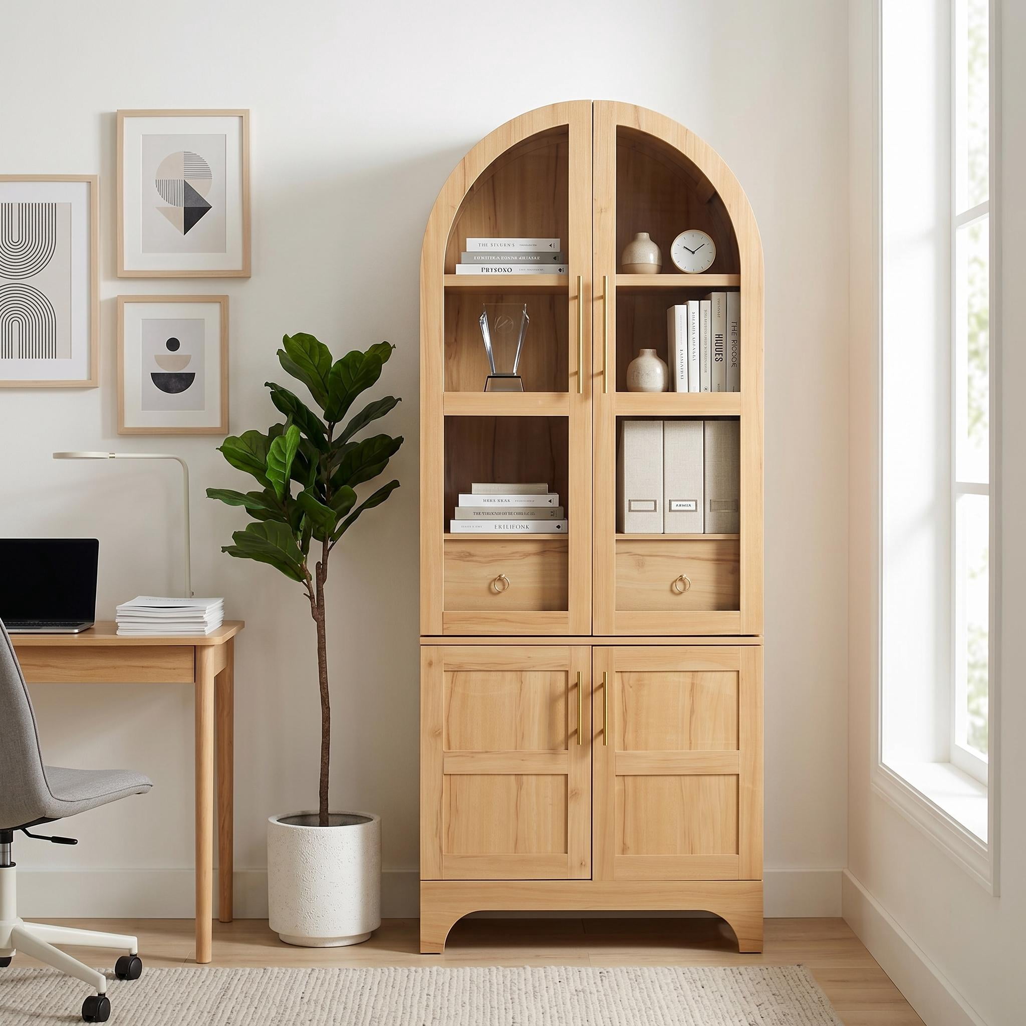 Homy Casa Arched Display Cabinet with Glass Doors, Tall Storage Cabinet for Living Room