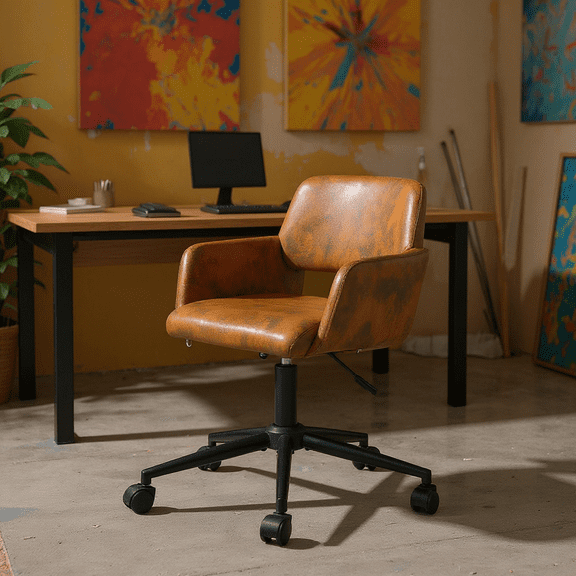 Homy Casa Art Studio Office Chair, Durable, Brown Faux Suede, Rolling, Easy-Clean, Ergonomic